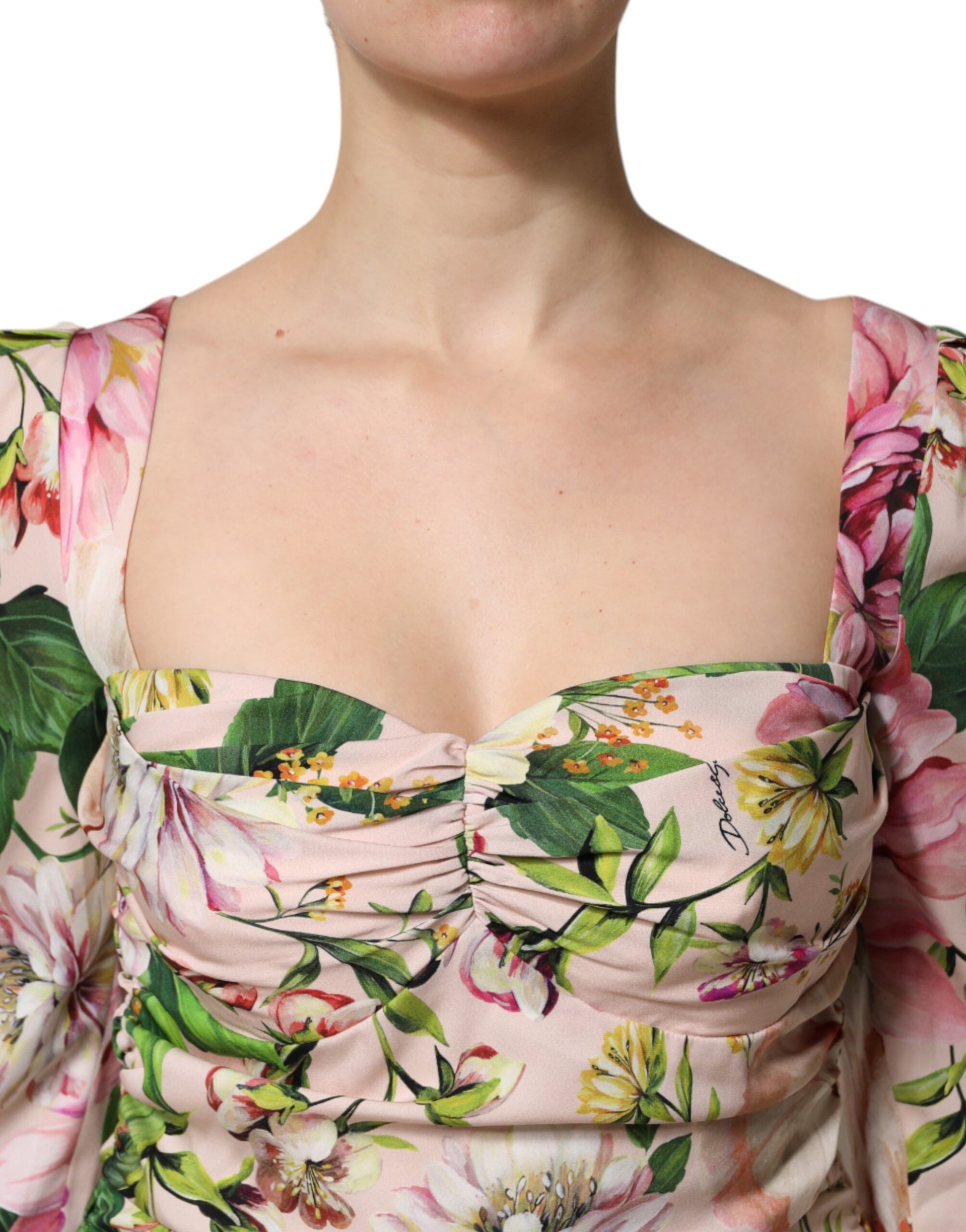 Robe midi évasée en soie à imprimé floral rose Dolce & Gabbana