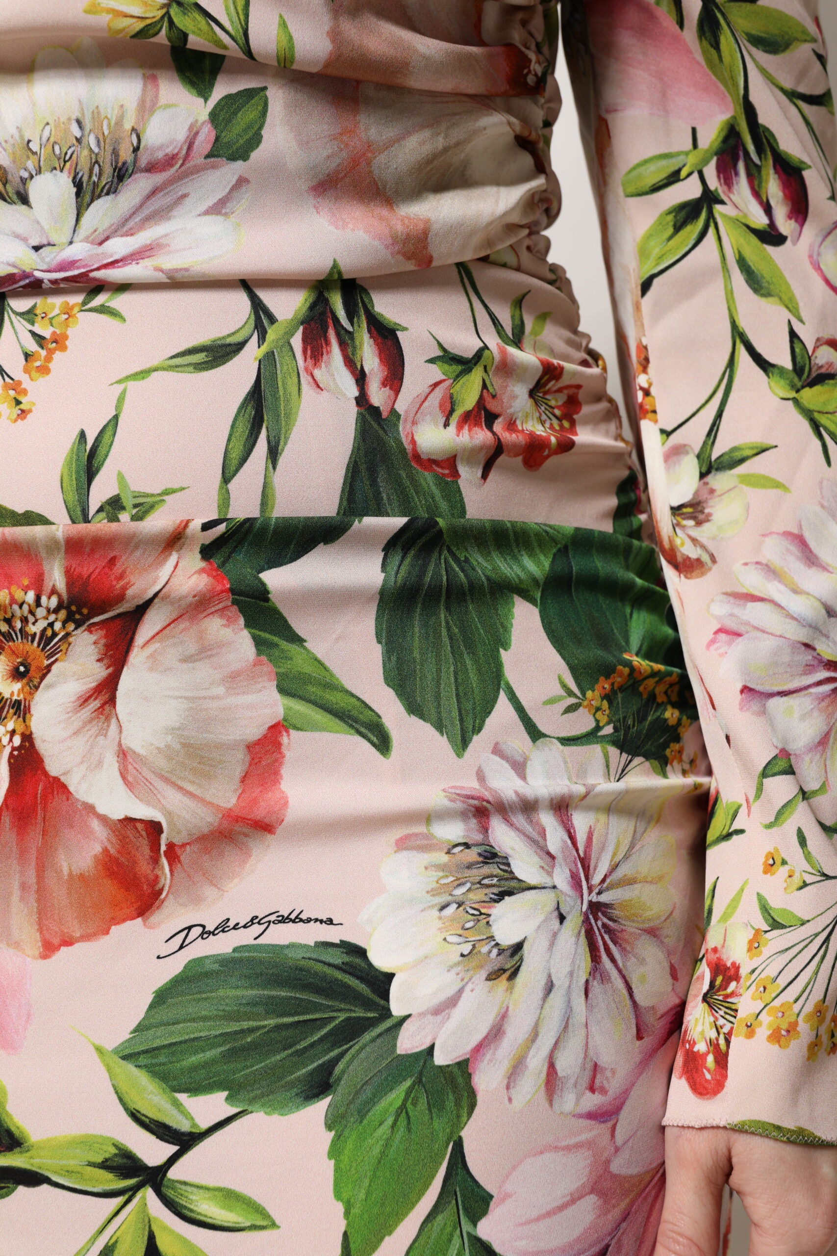 Robe midi évasée en soie à imprimé floral rose Dolce & Gabbana