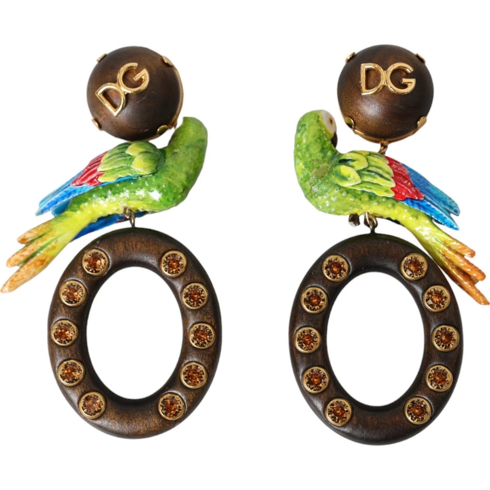 Dolce &amp; Gabbana – Mehrfarbige Ohrringe mit Papageienholz und Messing und Kristallverzierung