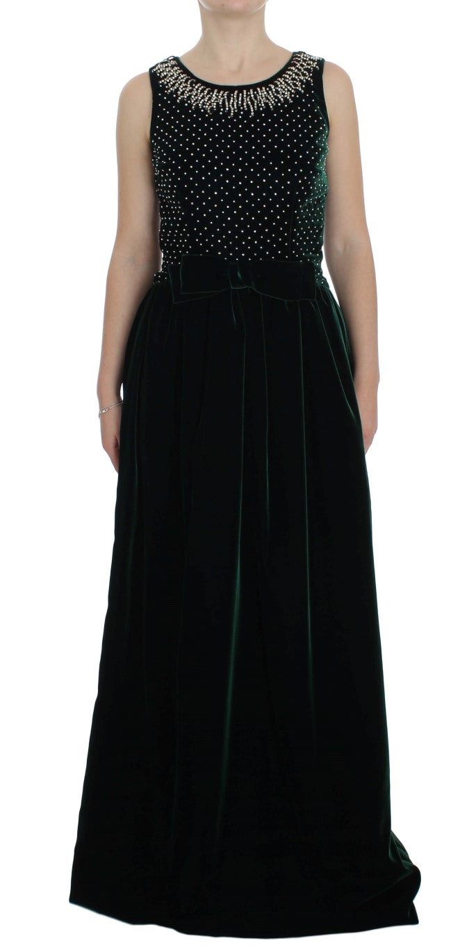 Robe longue maxi en velours vert et cristal Dolce & Gabbana