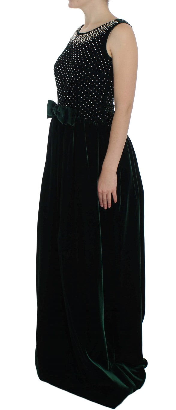 Robe longue maxi en velours vert et cristal Dolce & Gabbana