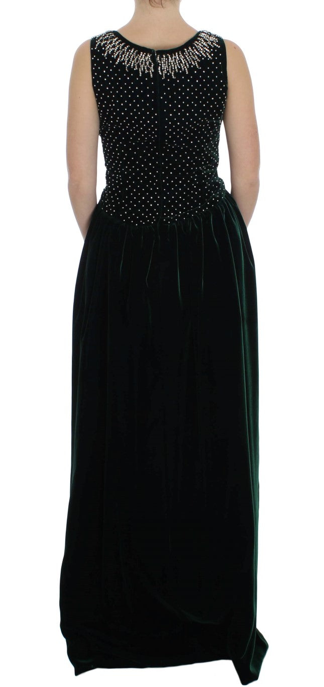 Robe longue maxi en velours vert et cristal Dolce & Gabbana