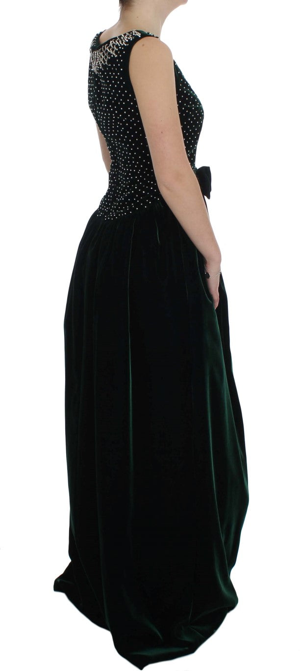 Robe longue maxi en velours vert et cristal Dolce & Gabbana