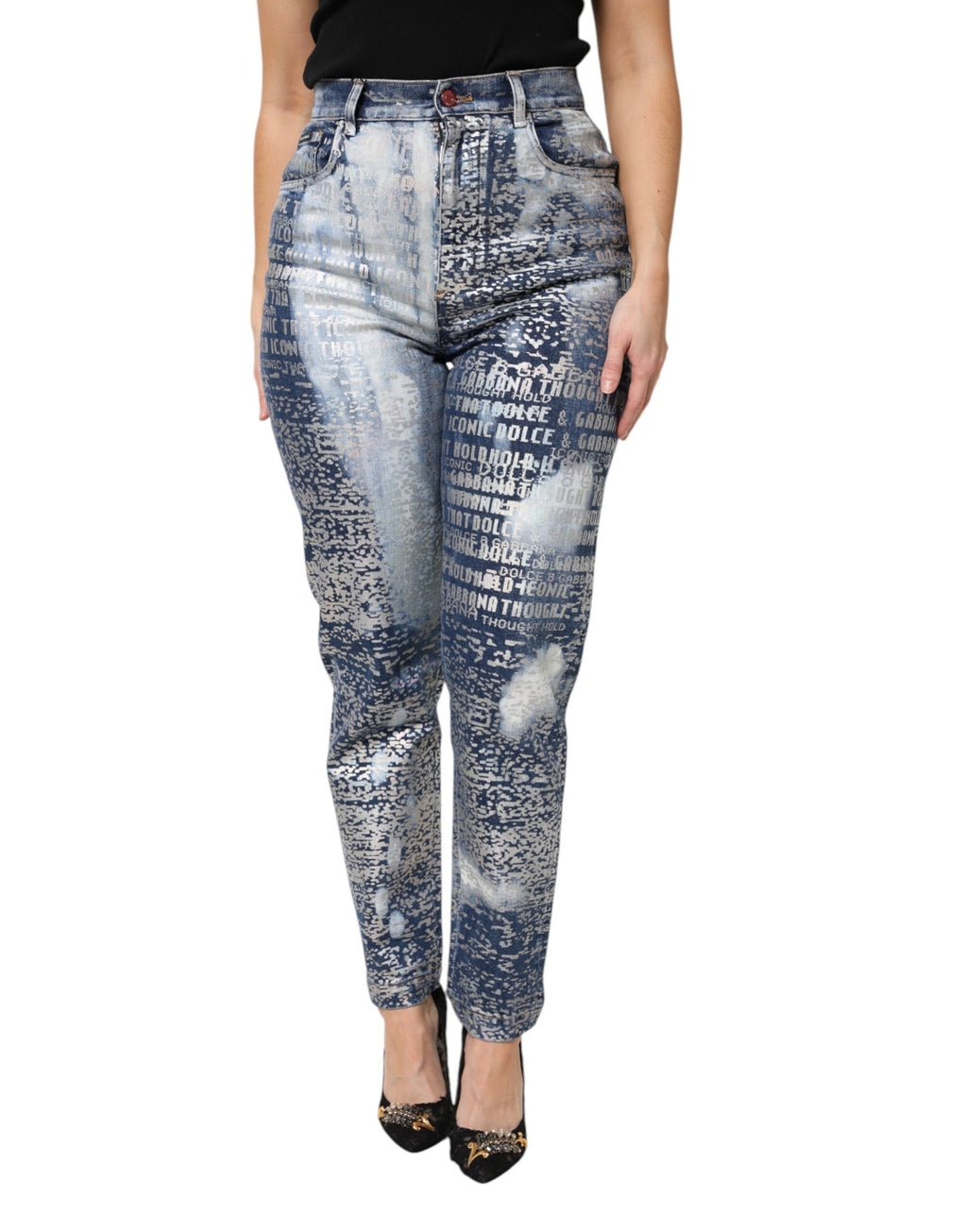 Jean en denim taille haute à imprimé délavé bleu Dolce & Gabbana