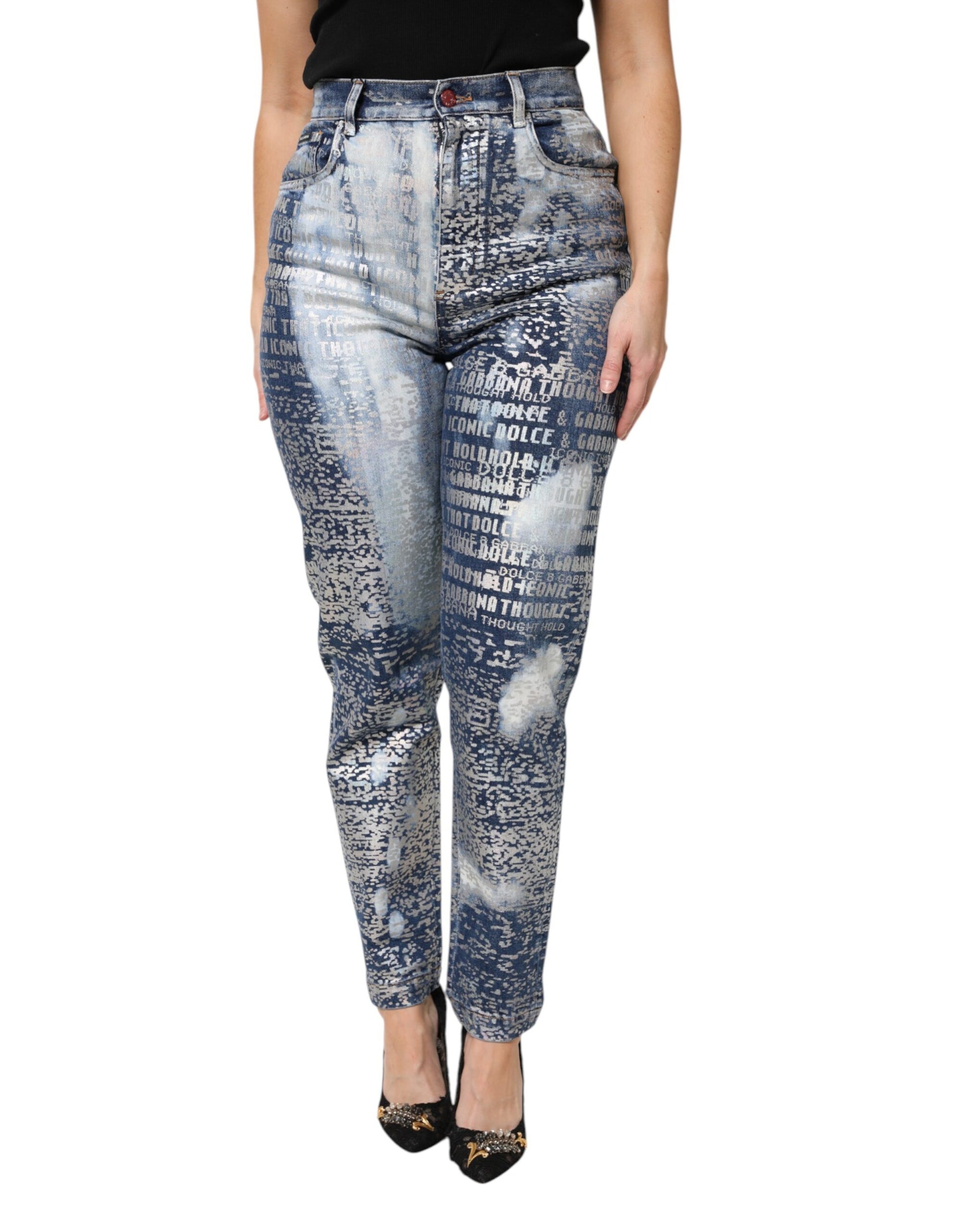 Jean en denim taille haute à imprimé délavé bleu Dolce & Gabbana