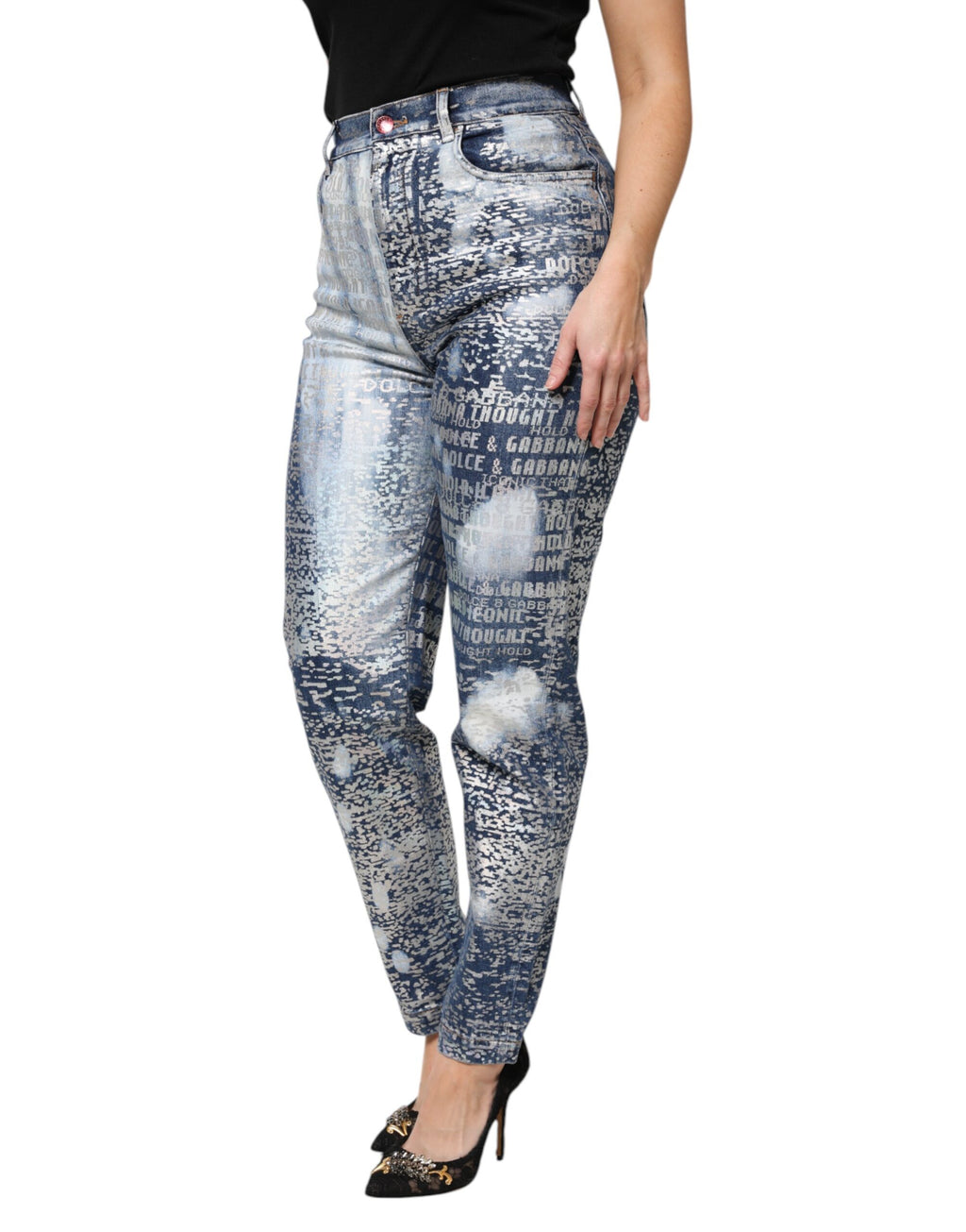 Jean en denim taille haute à imprimé délavé bleu Dolce & Gabbana