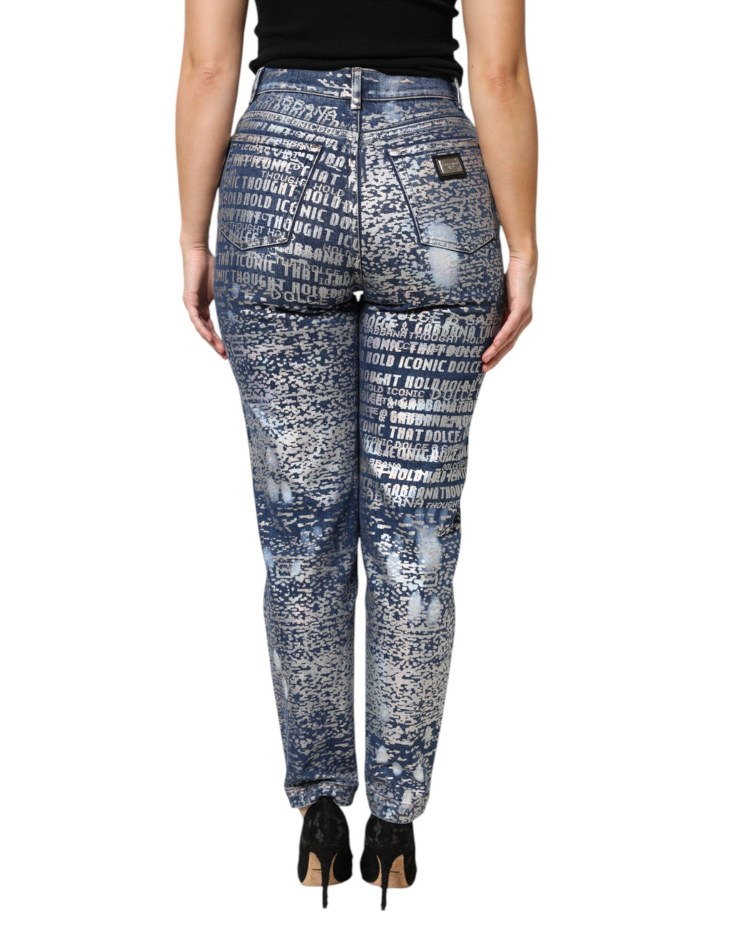 Jean en denim taille haute à imprimé délavé bleu Dolce & Gabbana