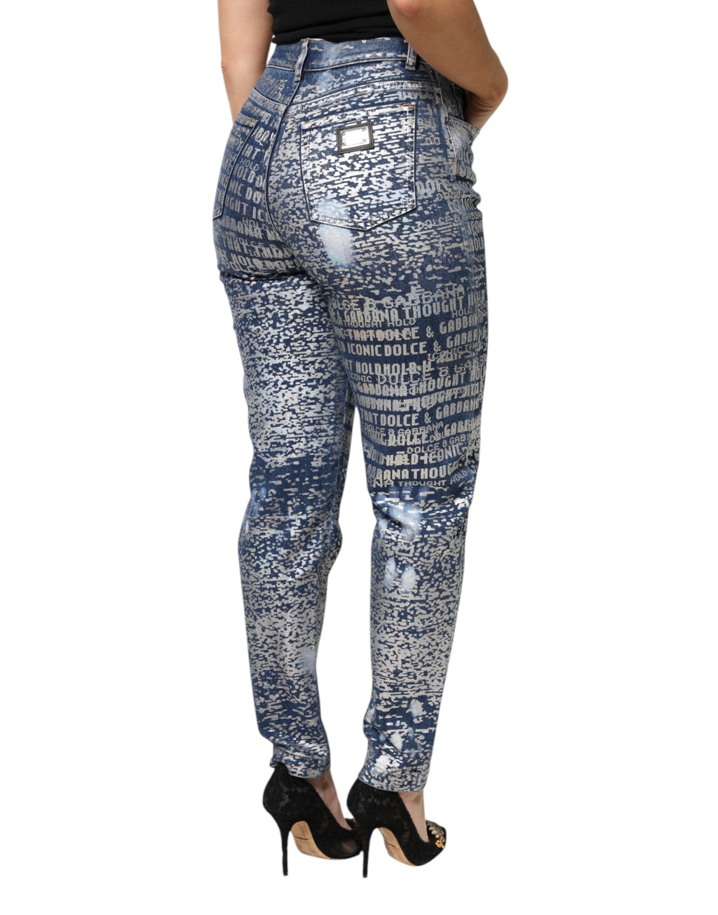 Jean en denim taille haute à imprimé délavé bleu Dolce & Gabbana
