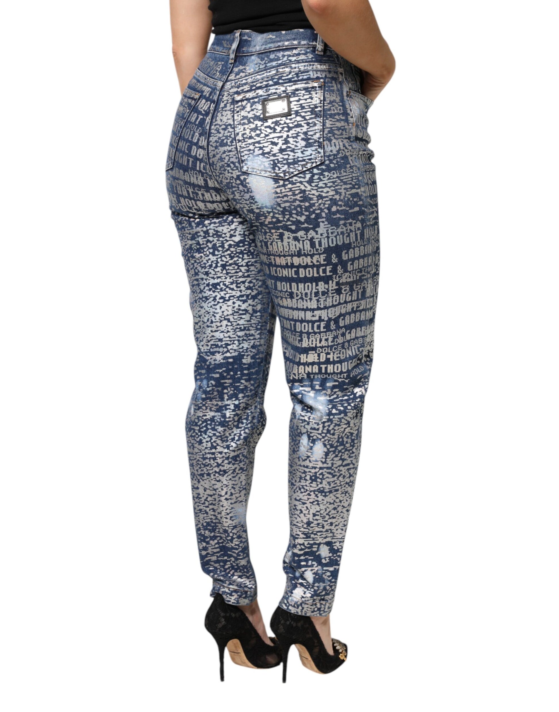 Jean en denim taille haute à imprimé délavé bleu Dolce & Gabbana