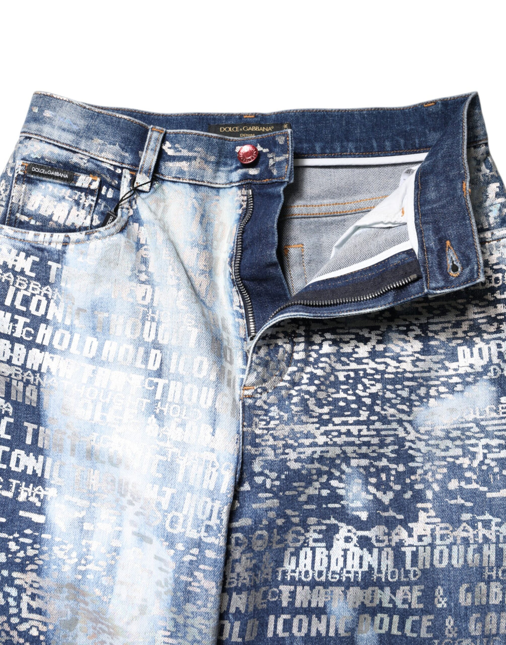 Jean en denim taille haute à imprimé délavé bleu Dolce & Gabbana