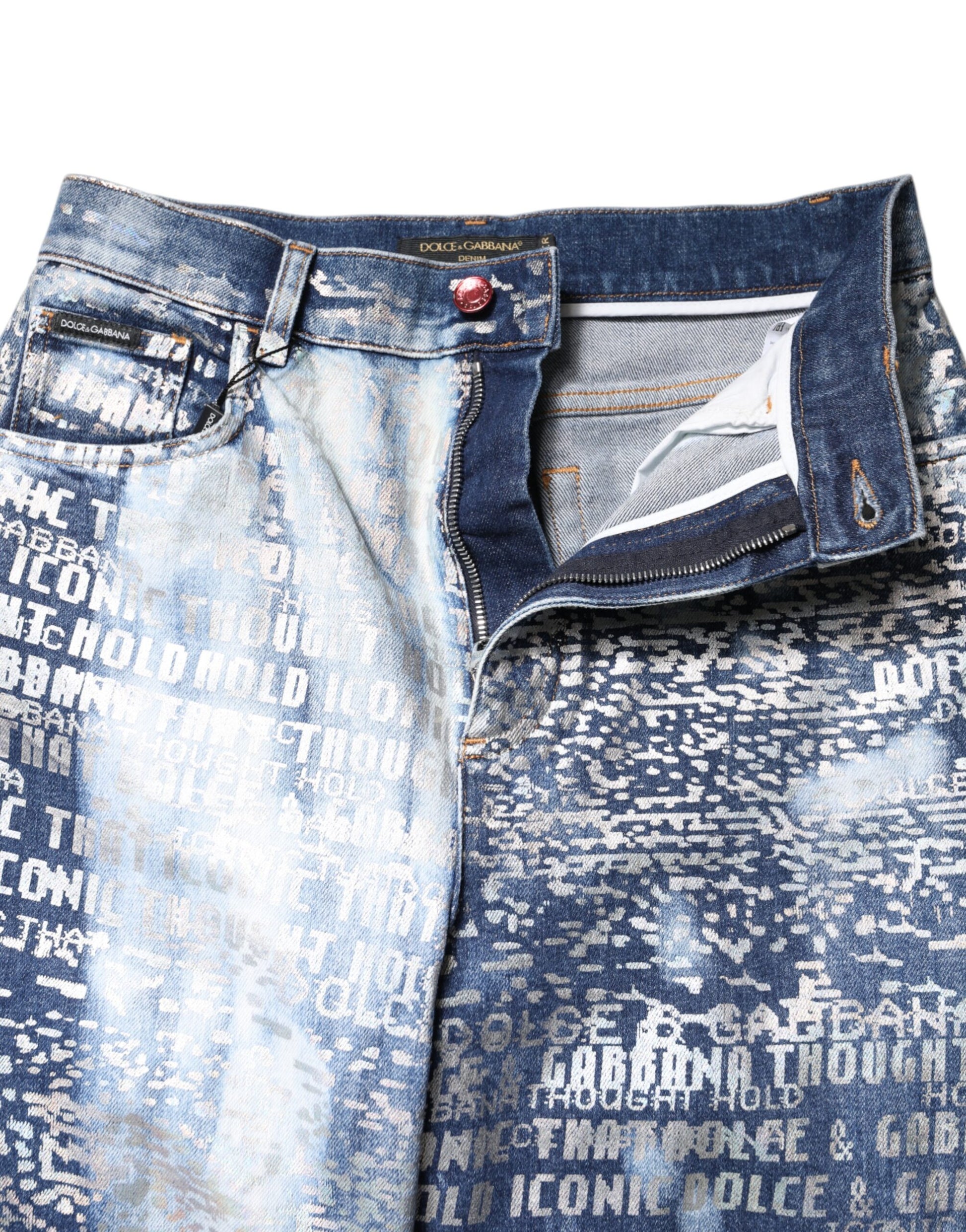 Jean en denim taille haute à imprimé délavé bleu Dolce & Gabbana