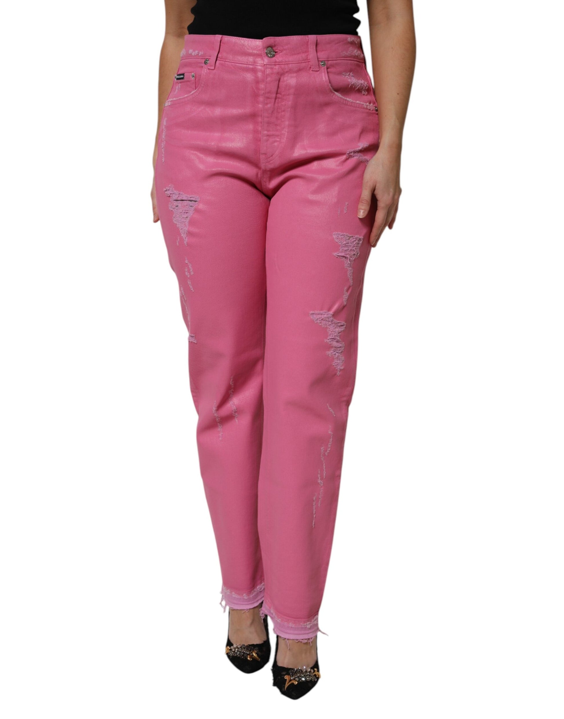 Jean en denim fuselé Dolce & Gabbana rose déchiré taille mi-haute