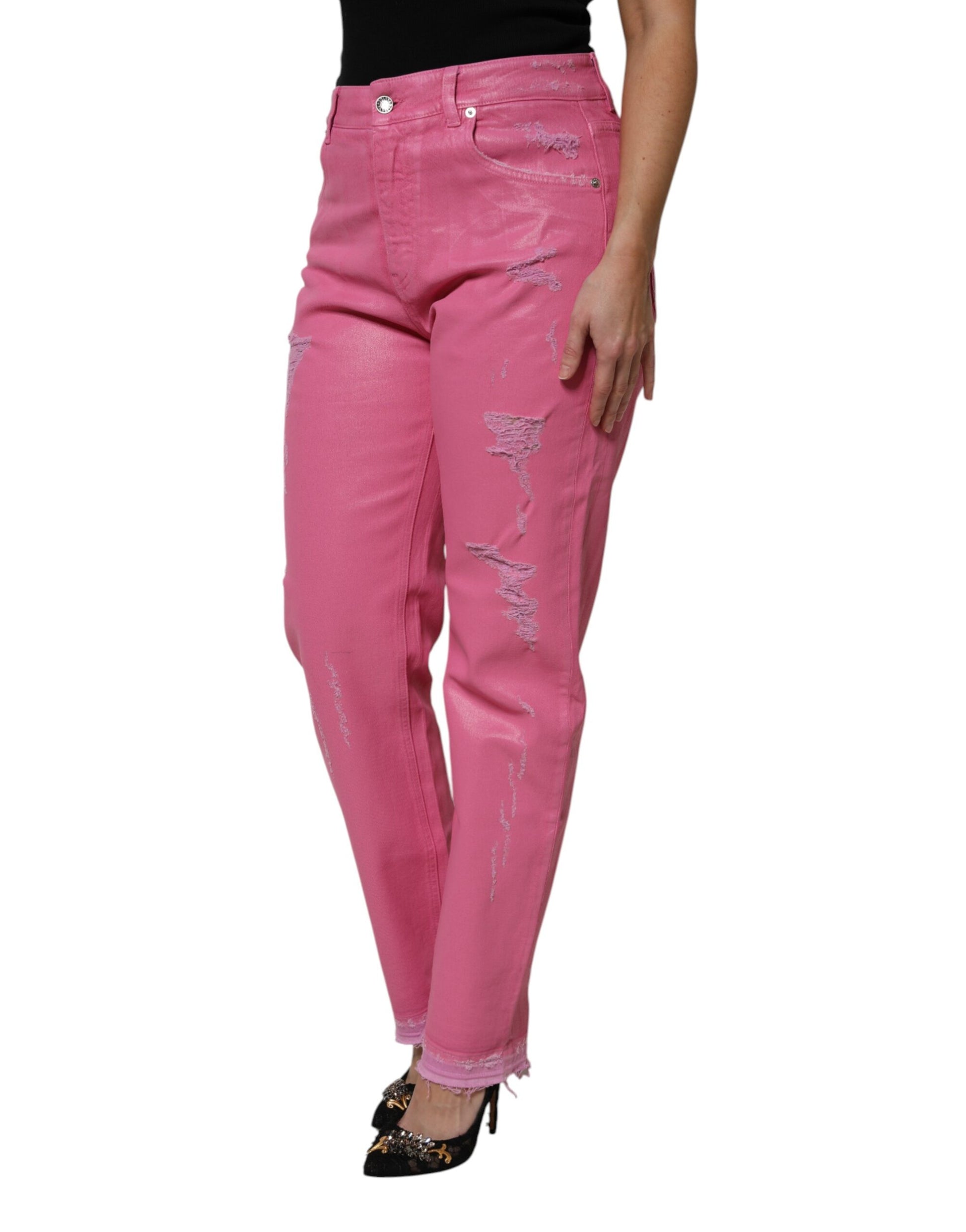 Jean en denim fuselé Dolce & Gabbana rose déchiré taille mi-haute