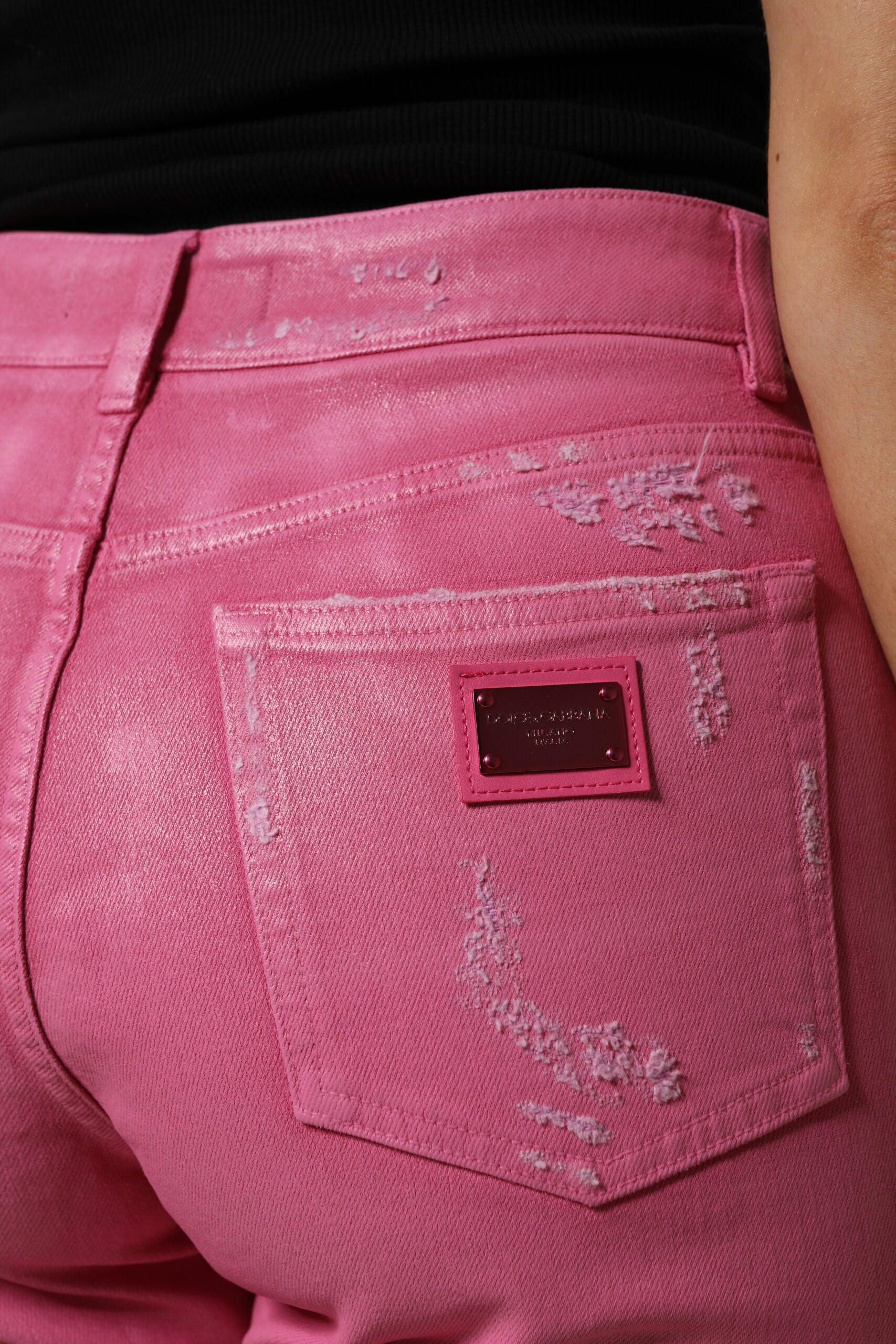 Jean en denim fuselé Dolce & Gabbana rose déchiré taille mi-haute