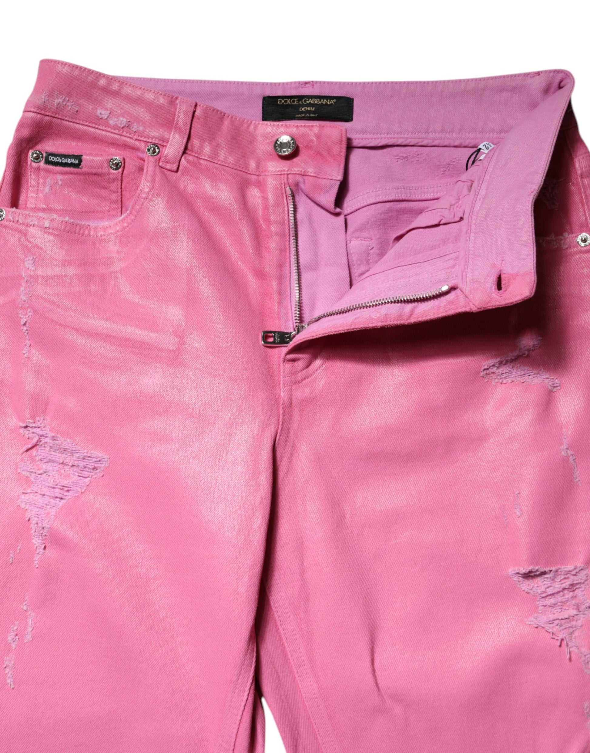 Jean en denim fuselé Dolce & Gabbana rose déchiré taille mi-haute