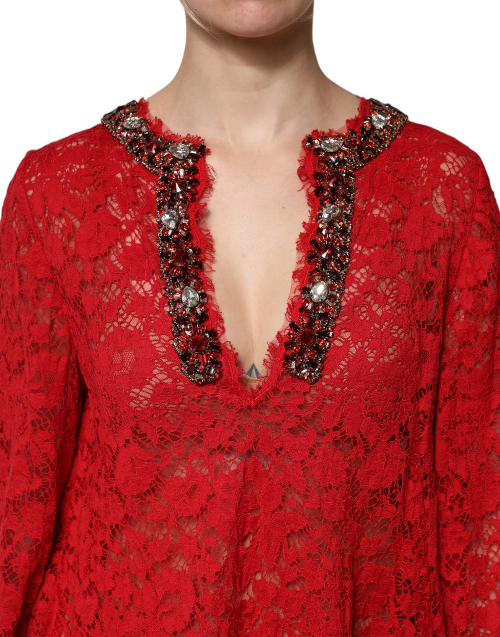Robe Dolce & Gabbana en dentelle florale rouge ornée de strass