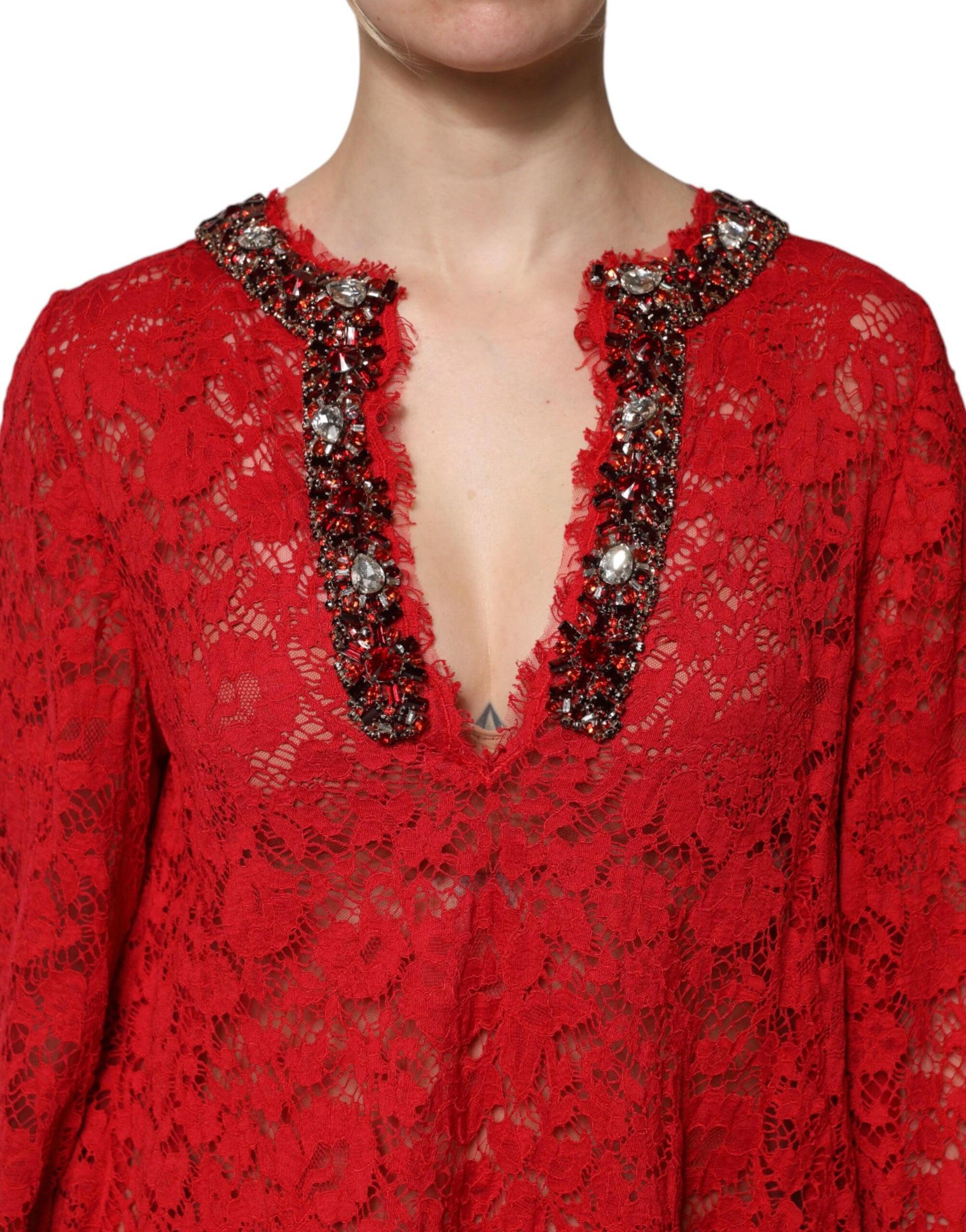 Robe Dolce & Gabbana en dentelle florale rouge ornée de strass