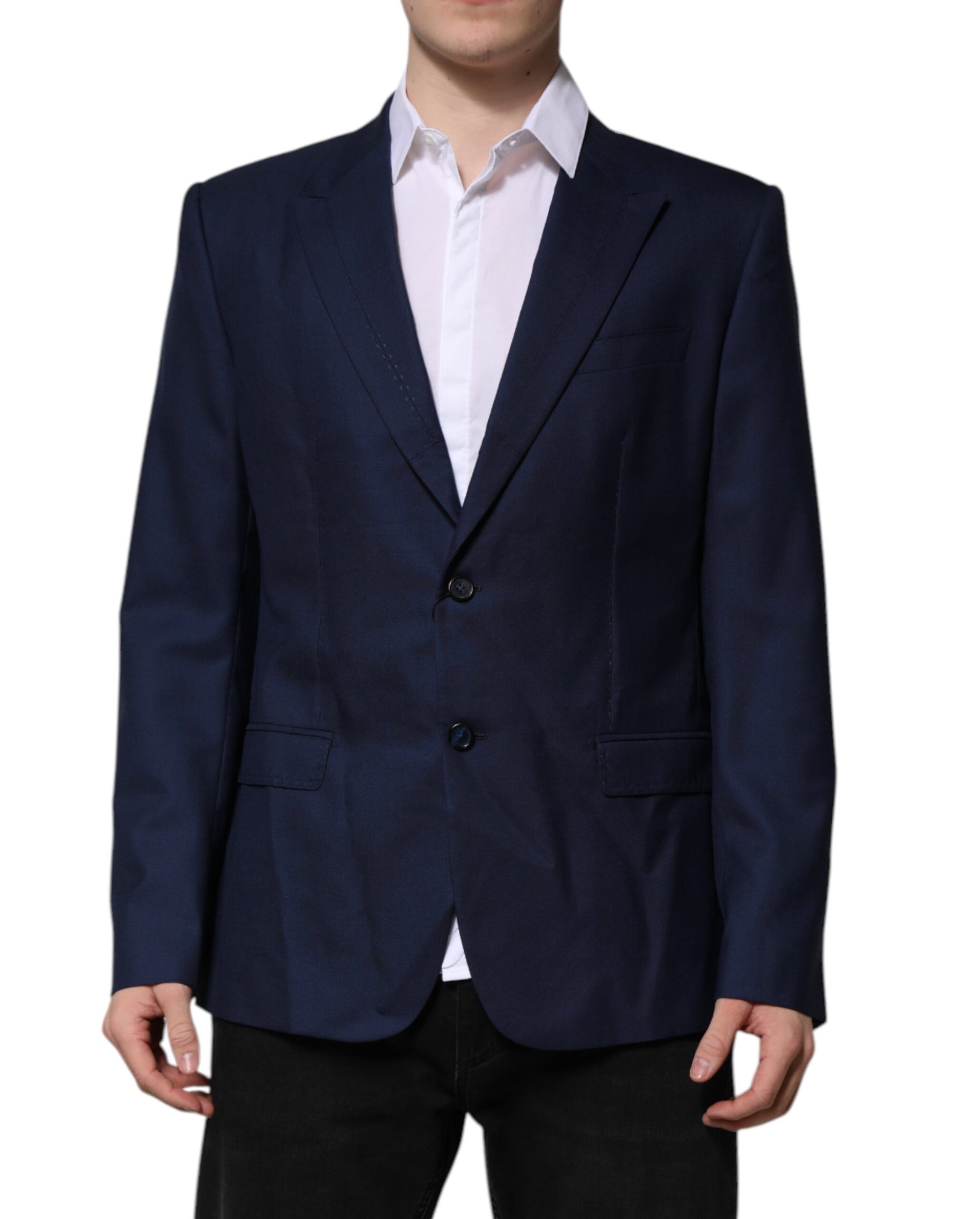 Veste de costume blazer Dolce & Gabbana en laine bleue à boutonnage simple