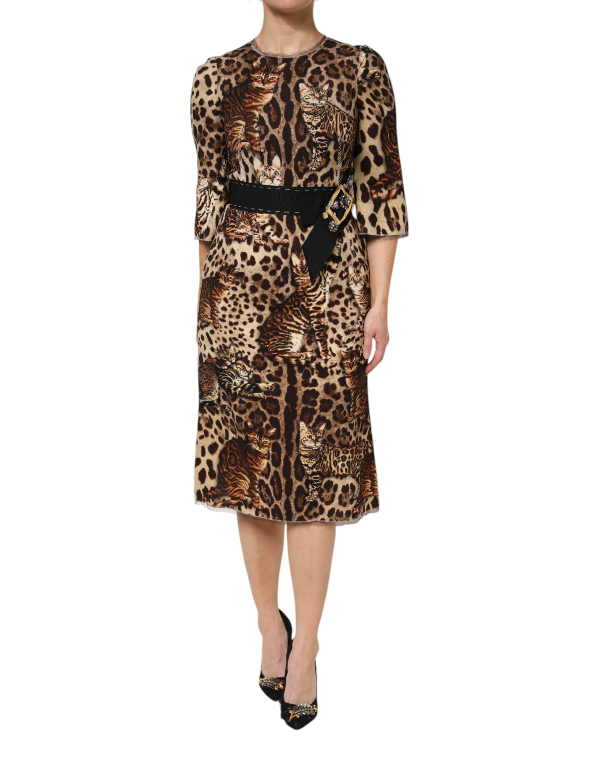 Robe midi évasée Dolce & Gabbana marron à imprimé léopard et ceinture