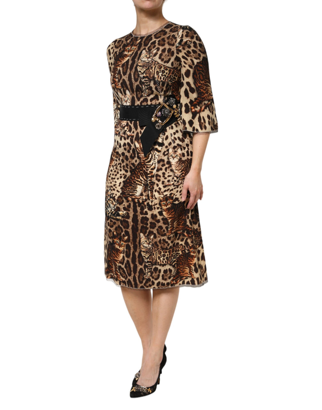 Robe midi évasée Dolce & Gabbana marron à imprimé léopard et ceinture