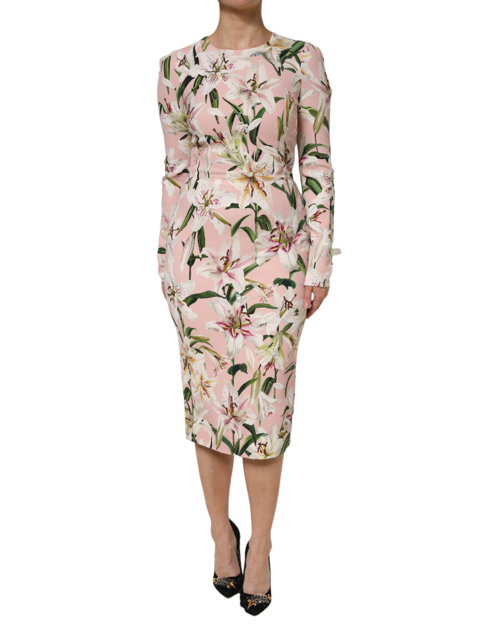 Robe fourreau midi stretch en viscose rose à motif lys Dolce & Gabbana