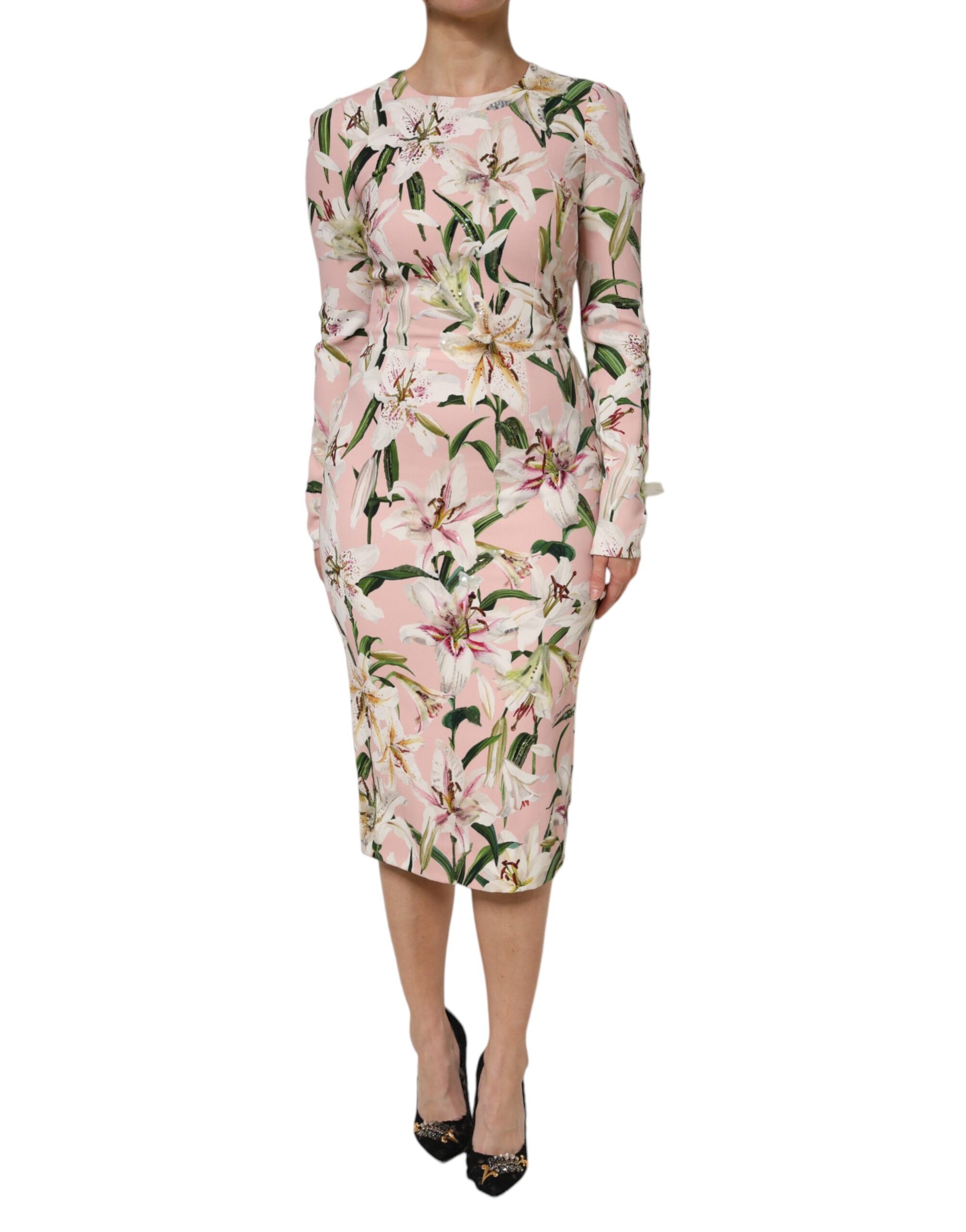 Robe fourreau midi stretch en viscose rose à motif lys Dolce & Gabbana