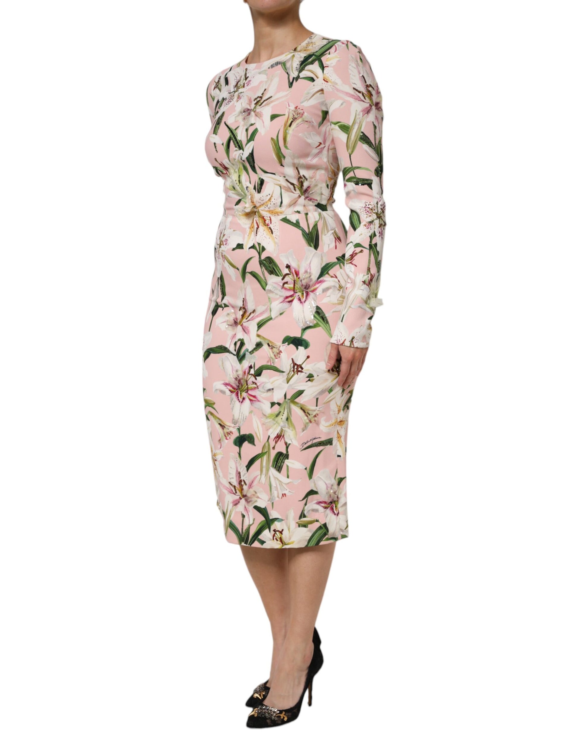 Robe fourreau midi stretch en viscose rose à motif lys Dolce & Gabbana