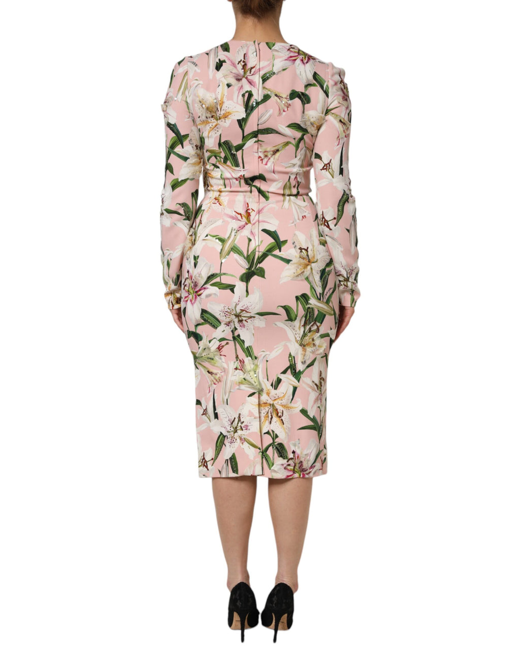 Robe fourreau midi stretch en viscose rose à motif lys Dolce & Gabbana