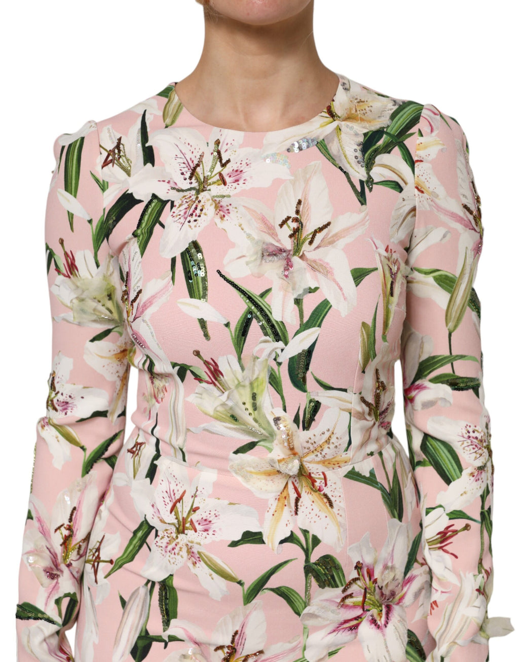 Robe fourreau midi stretch en viscose rose à motif lys Dolce & Gabbana