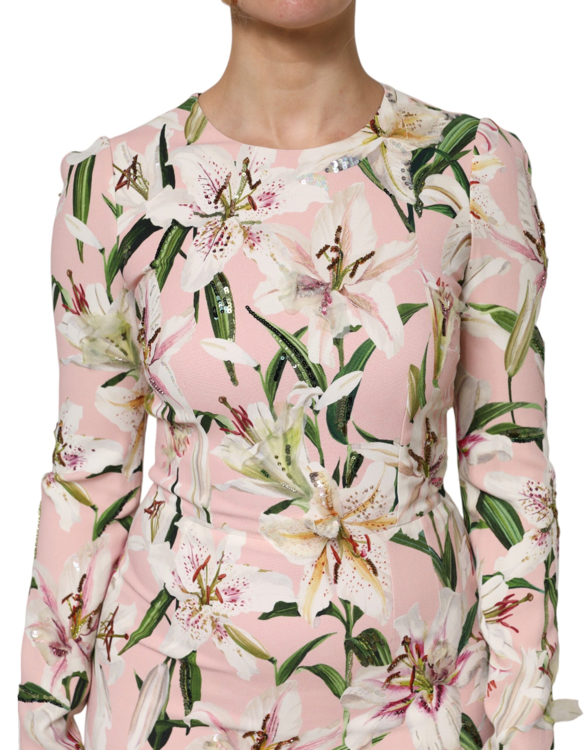 Robe fourreau midi stretch en viscose rose à motif lys Dolce & Gabbana