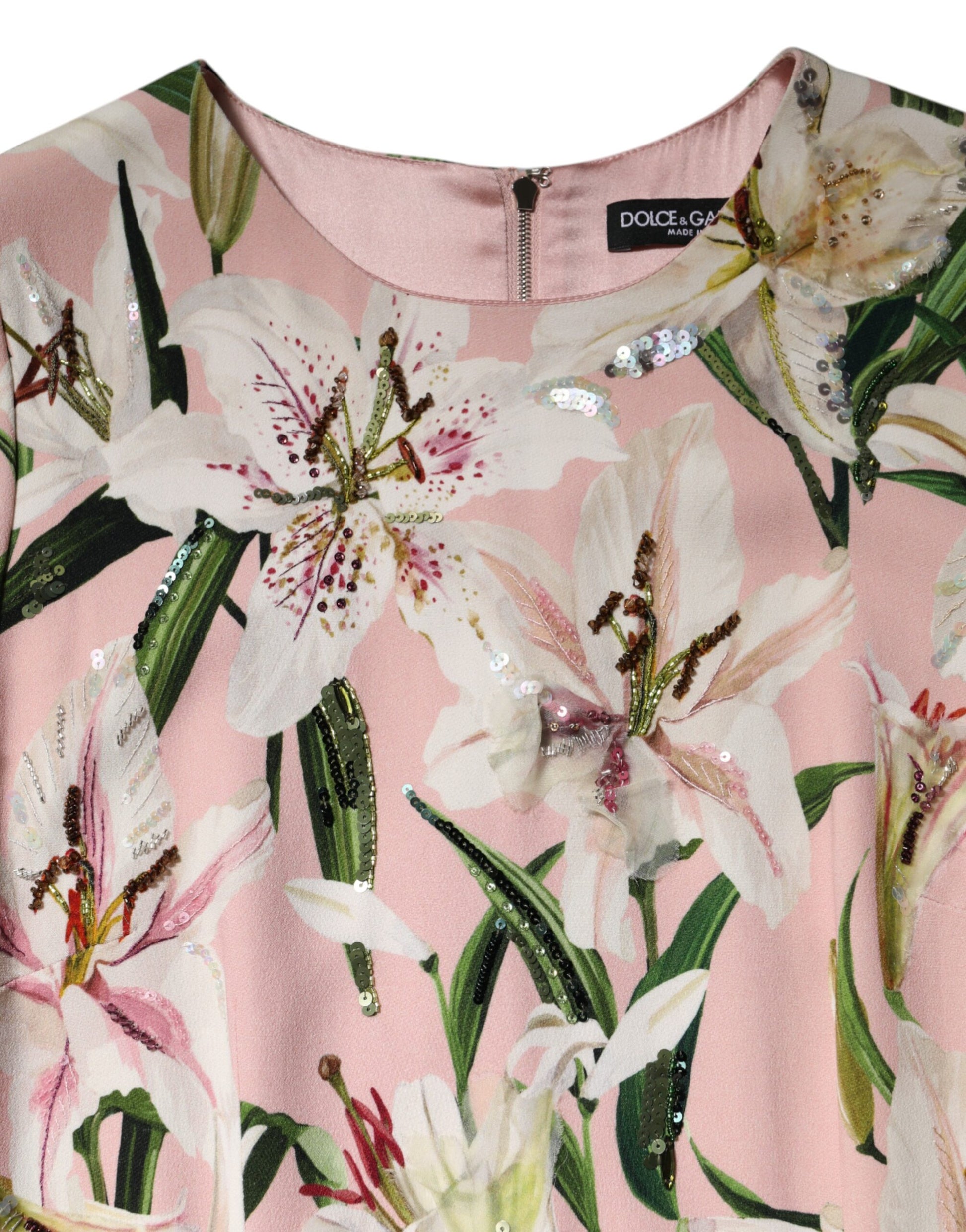 Robe fourreau midi stretch en viscose rose à motif lys Dolce & Gabbana