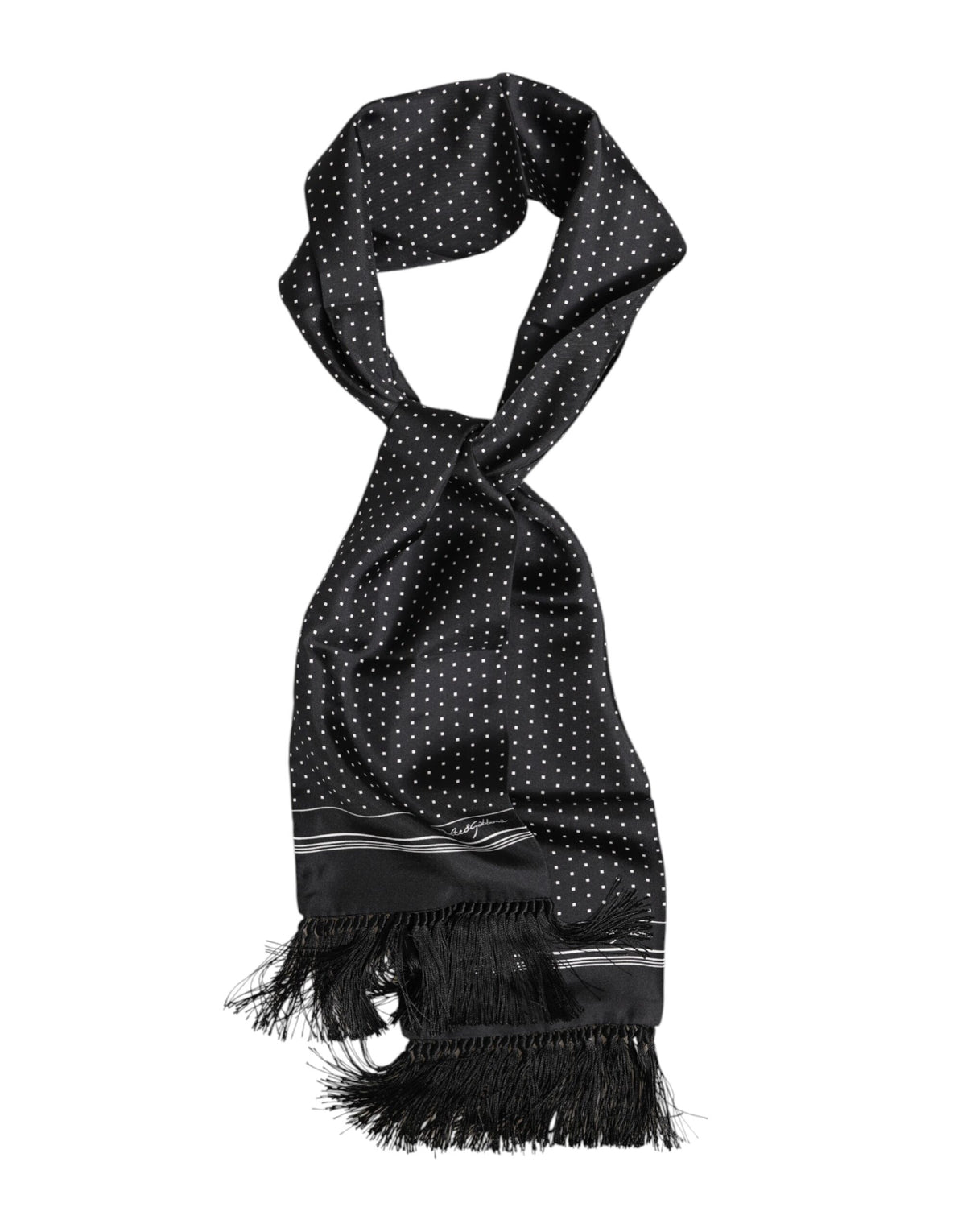 Dolce & Gabbana Schwarz-Weißer Foulard-Schal mit Polka-Dots und Fransen