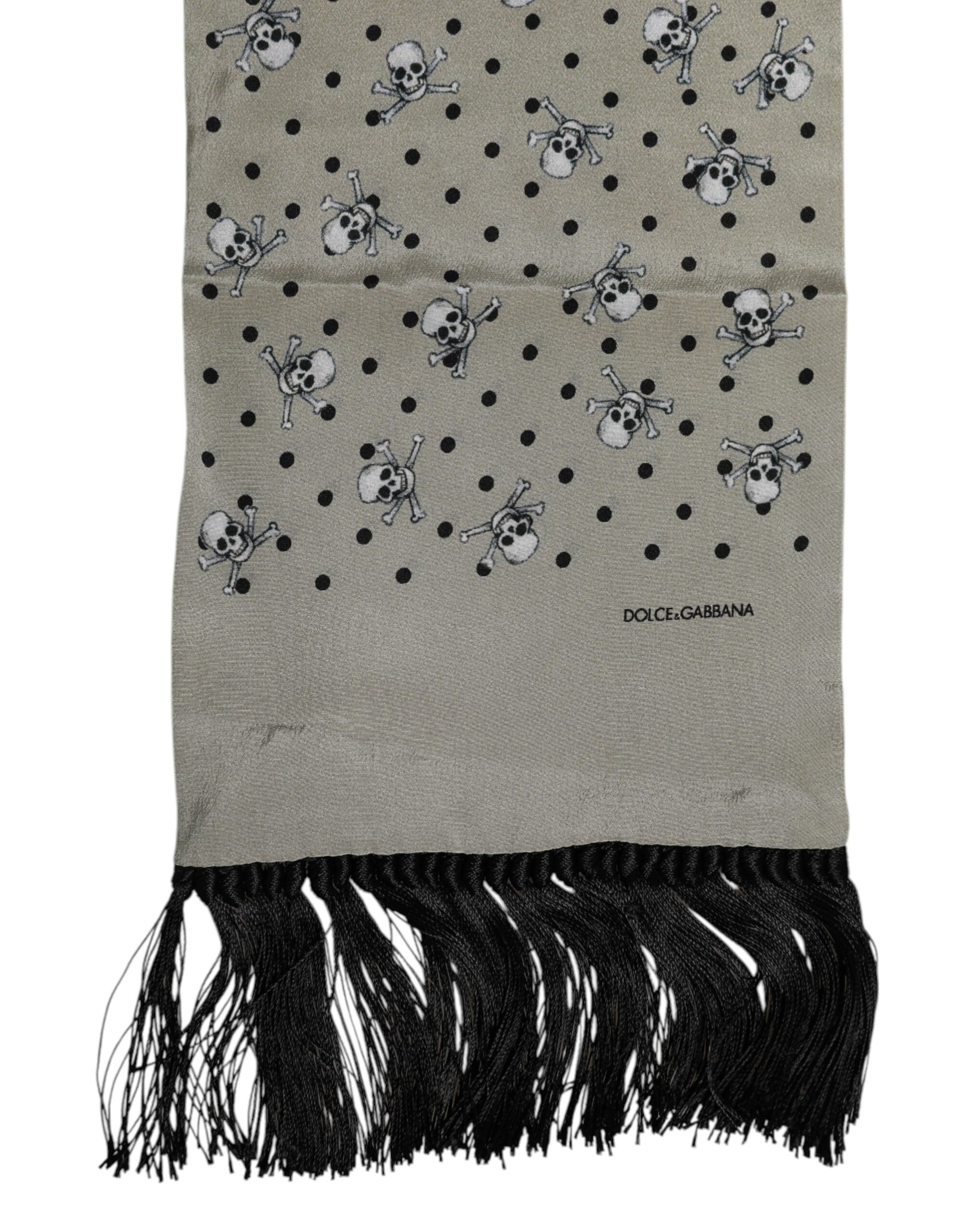 Foulard écharpe homme Dolce & Gabbana en soie grise avec crânes et franges