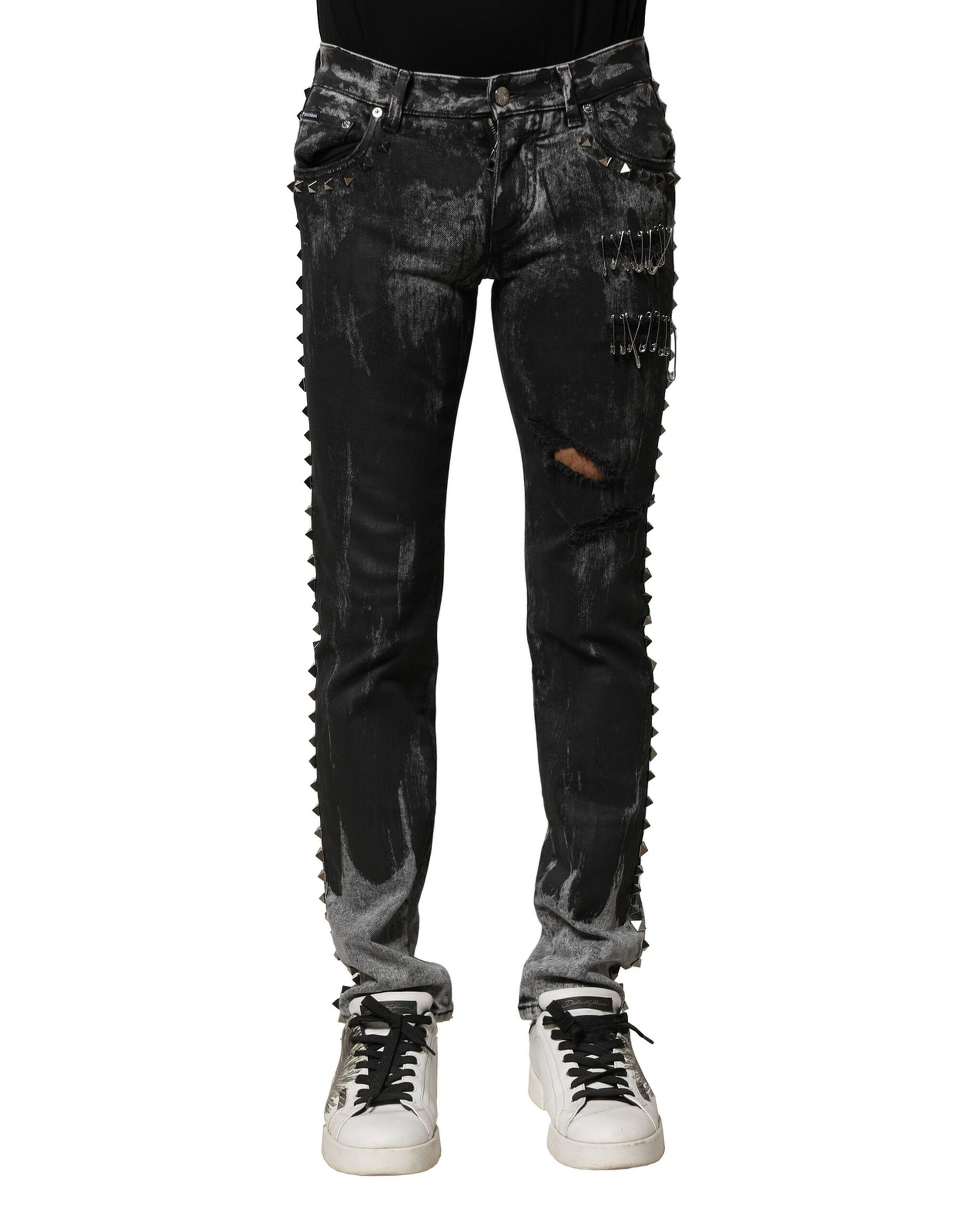 Jean slim en jean noir délavé orné Dolce & Gabbana