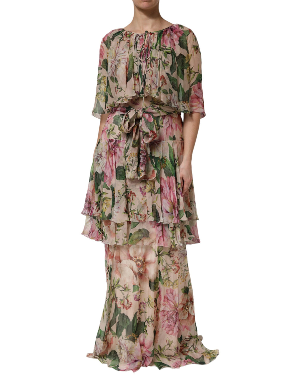 Robe longue à volants imprimée floral rose Dolce & Gabbana
