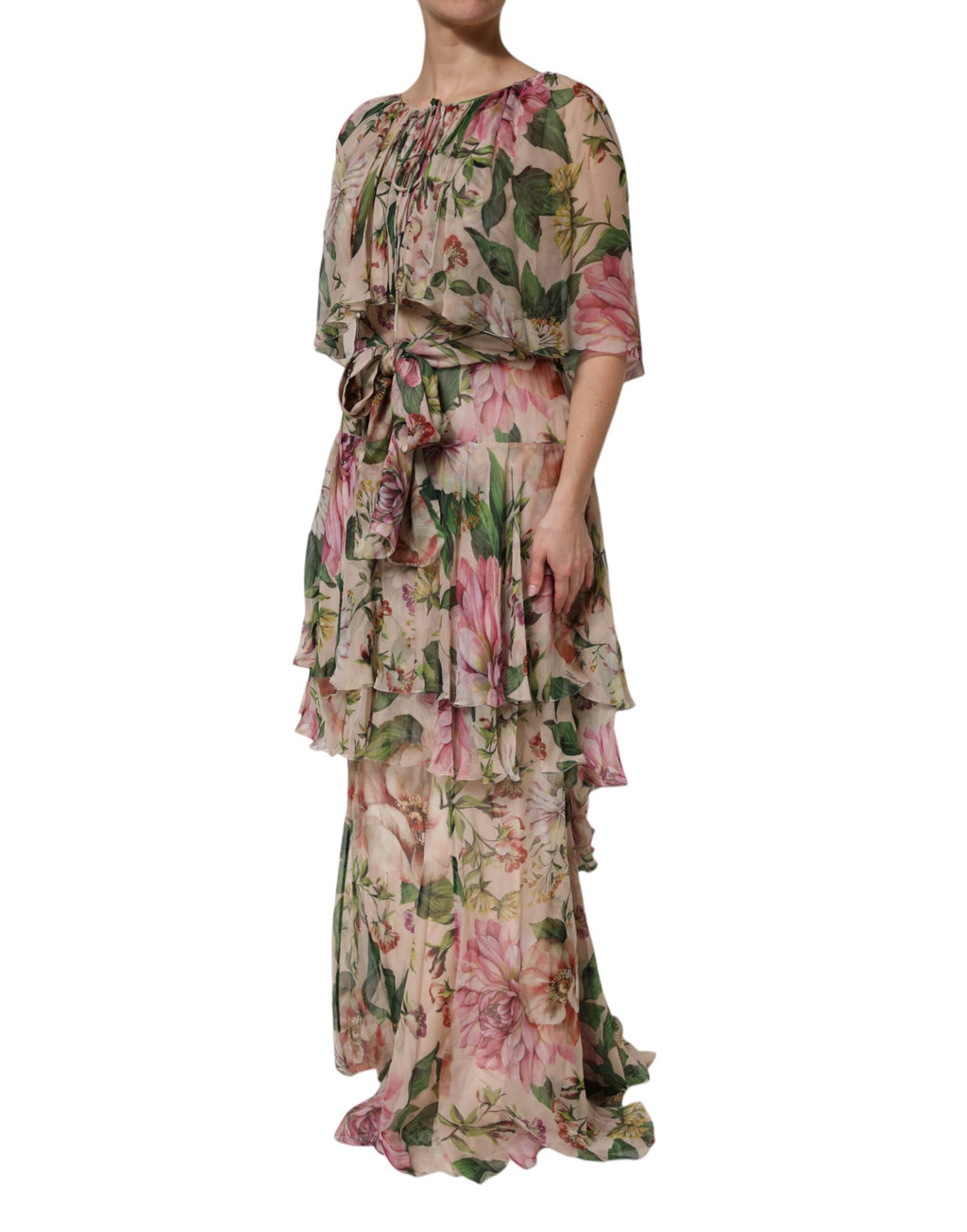 Robe longue à volants imprimée floral rose Dolce & Gabbana
