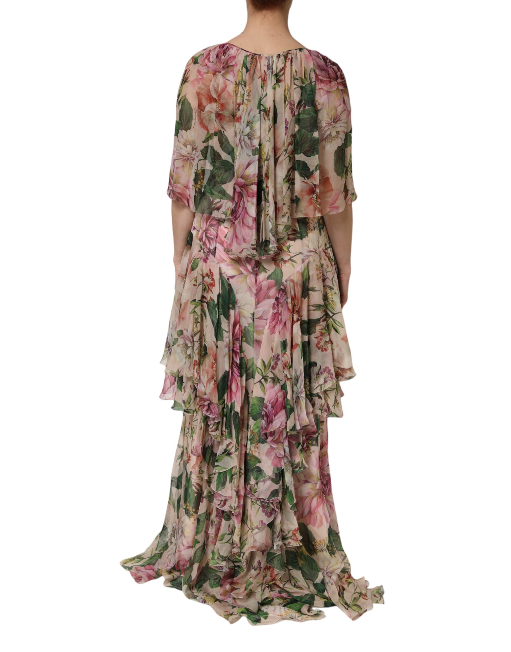 Robe longue à volants imprimée floral rose Dolce & Gabbana