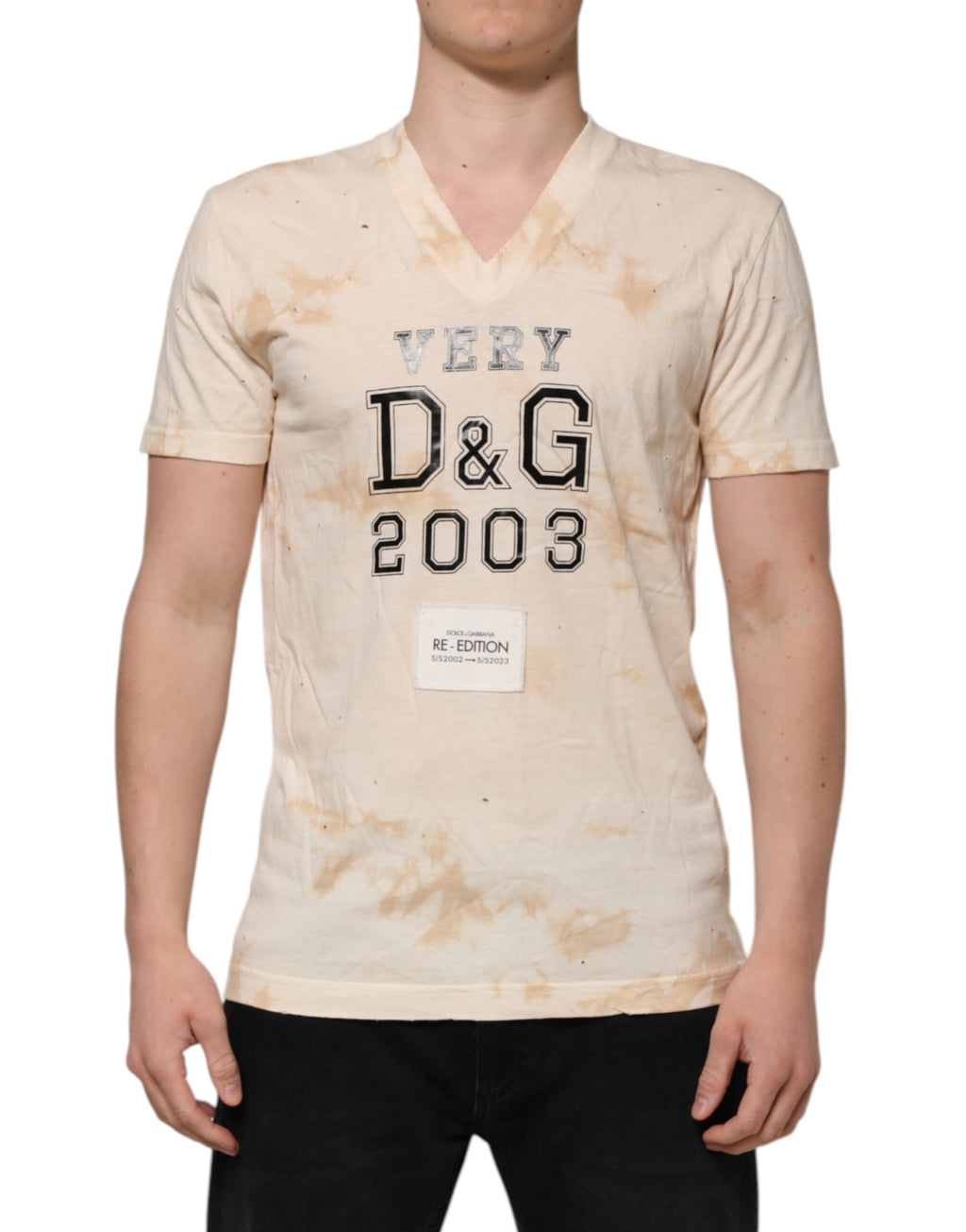 T-shirt col V Dolce & Gabbana beige à manches courtes et imprimé logo