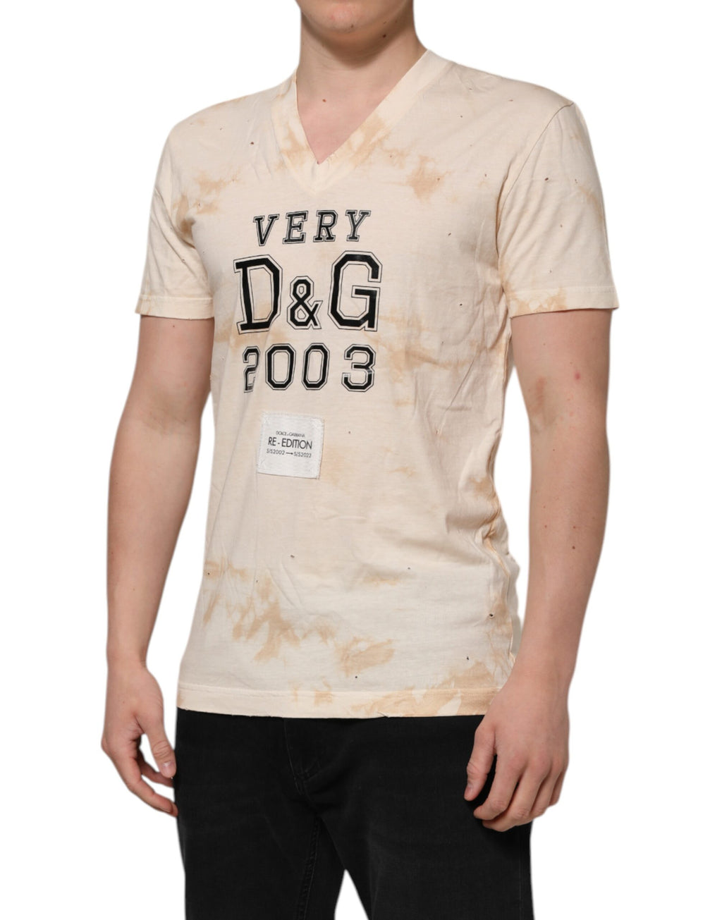 T-shirt col V Dolce & Gabbana beige à manches courtes et imprimé logo