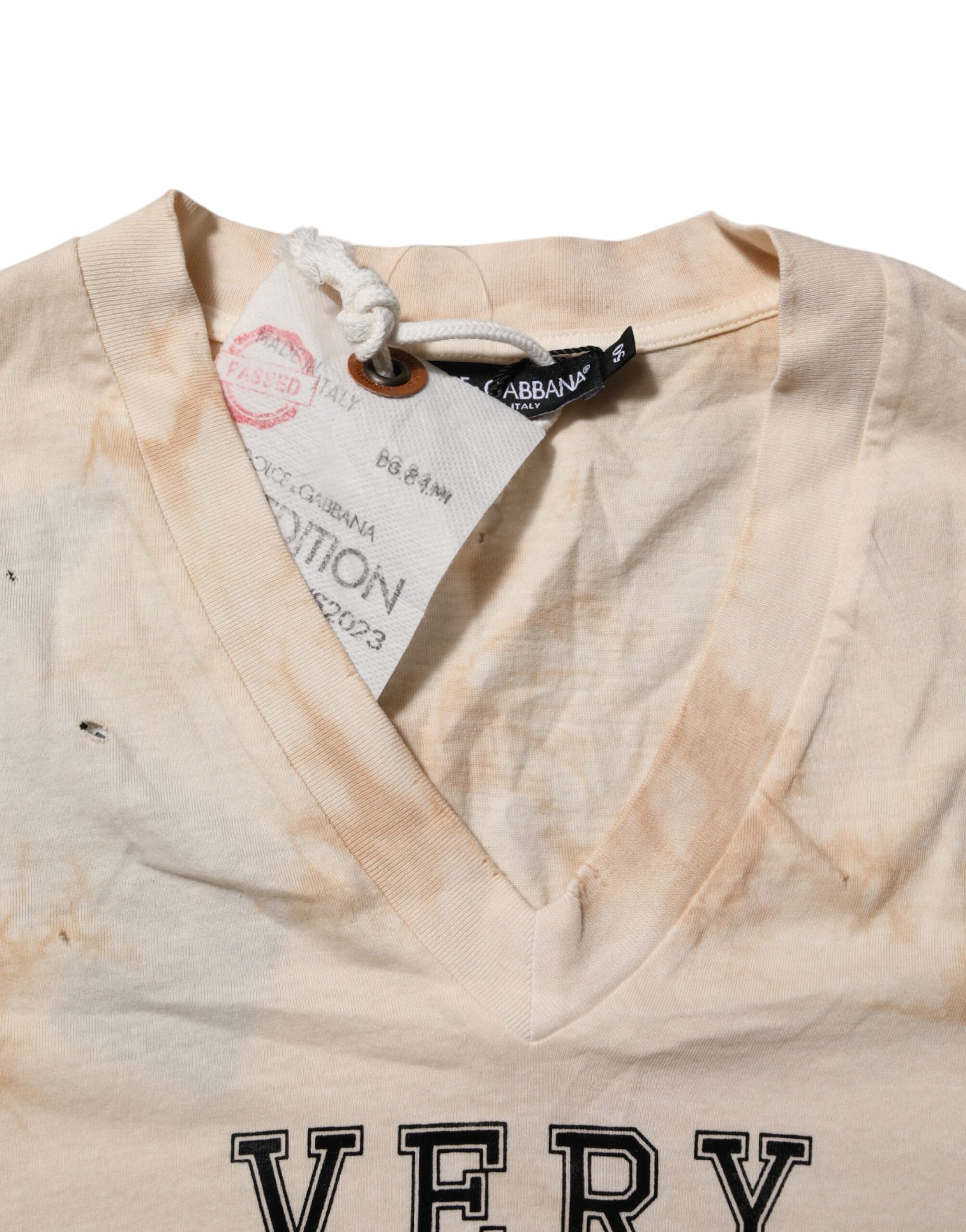 T-shirt col V Dolce & Gabbana beige à manches courtes et imprimé logo