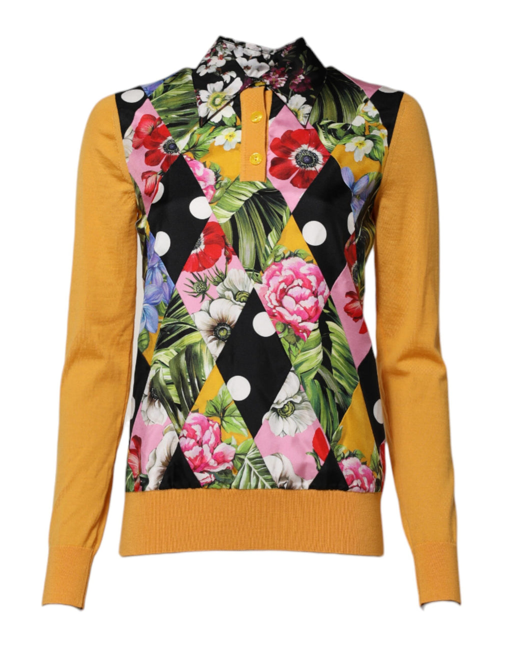 Dolce & Gabbana Polo-Top mit langen Ärmeln und mehrfarbigem Blumenmuster