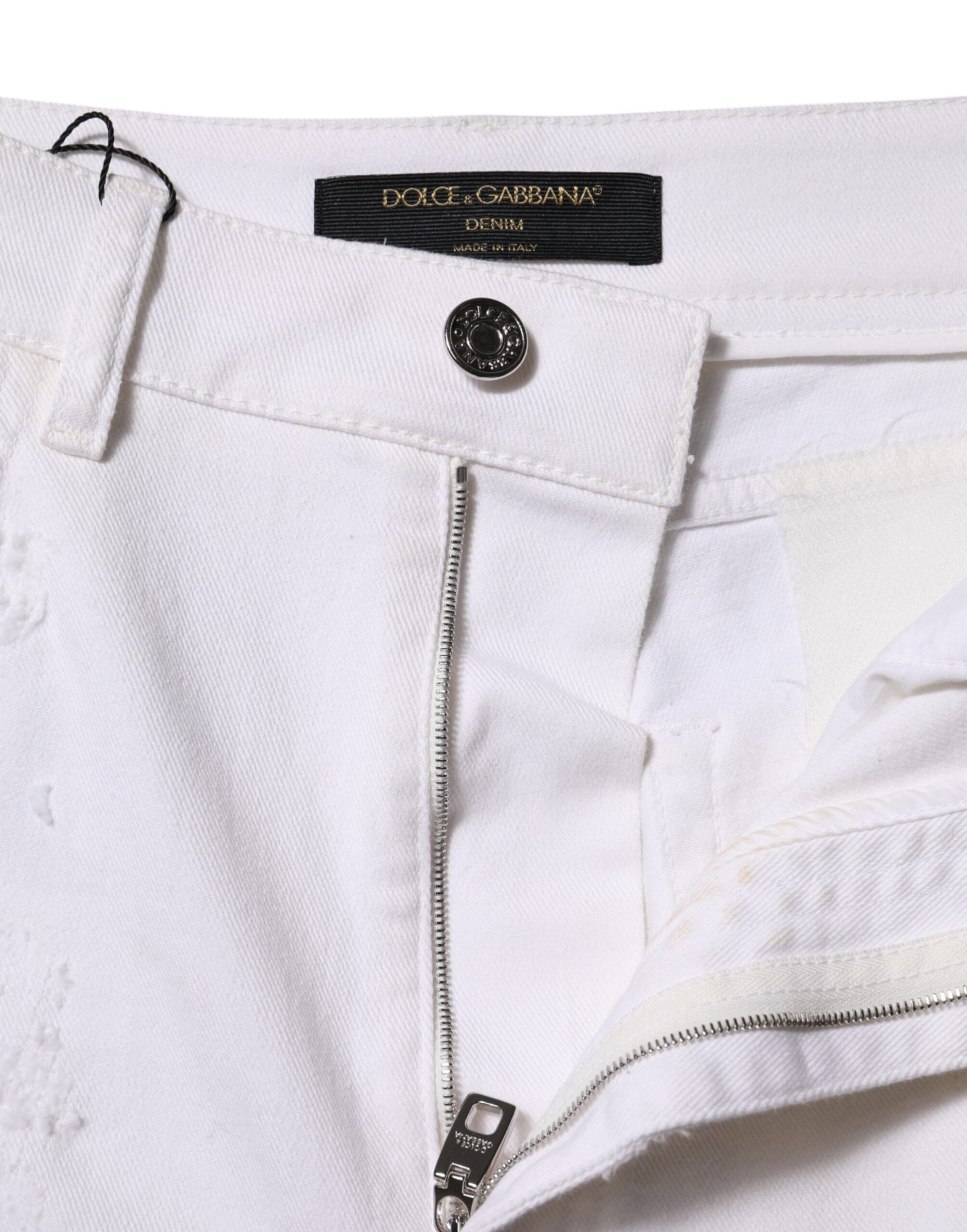 Jean en denim blanc déchiré taille haute en coton Dolce & Gabbana