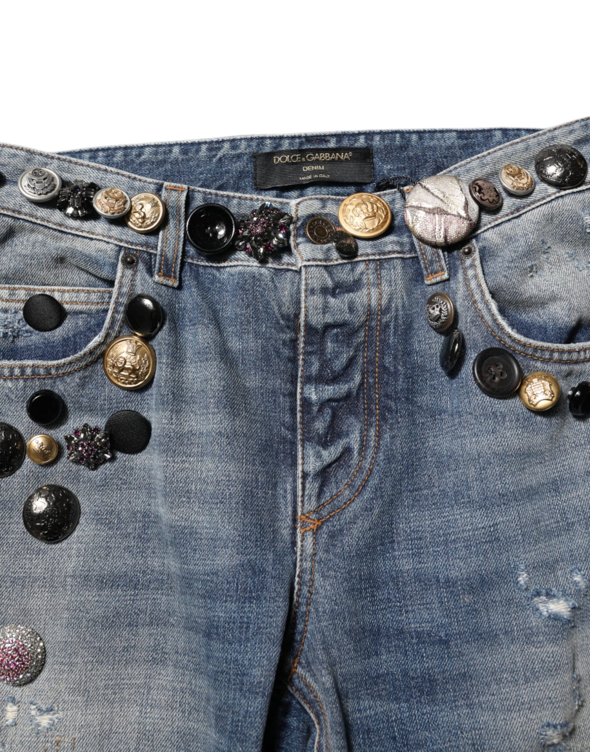Jean slim Dolce & Gabbana bleu en denim clouté et déchiré
