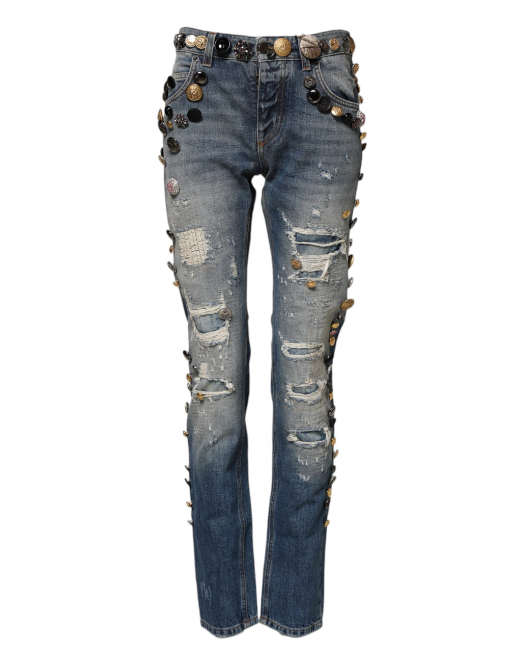 Jean slim Dolce & Gabbana bleu en denim clouté et déchiré