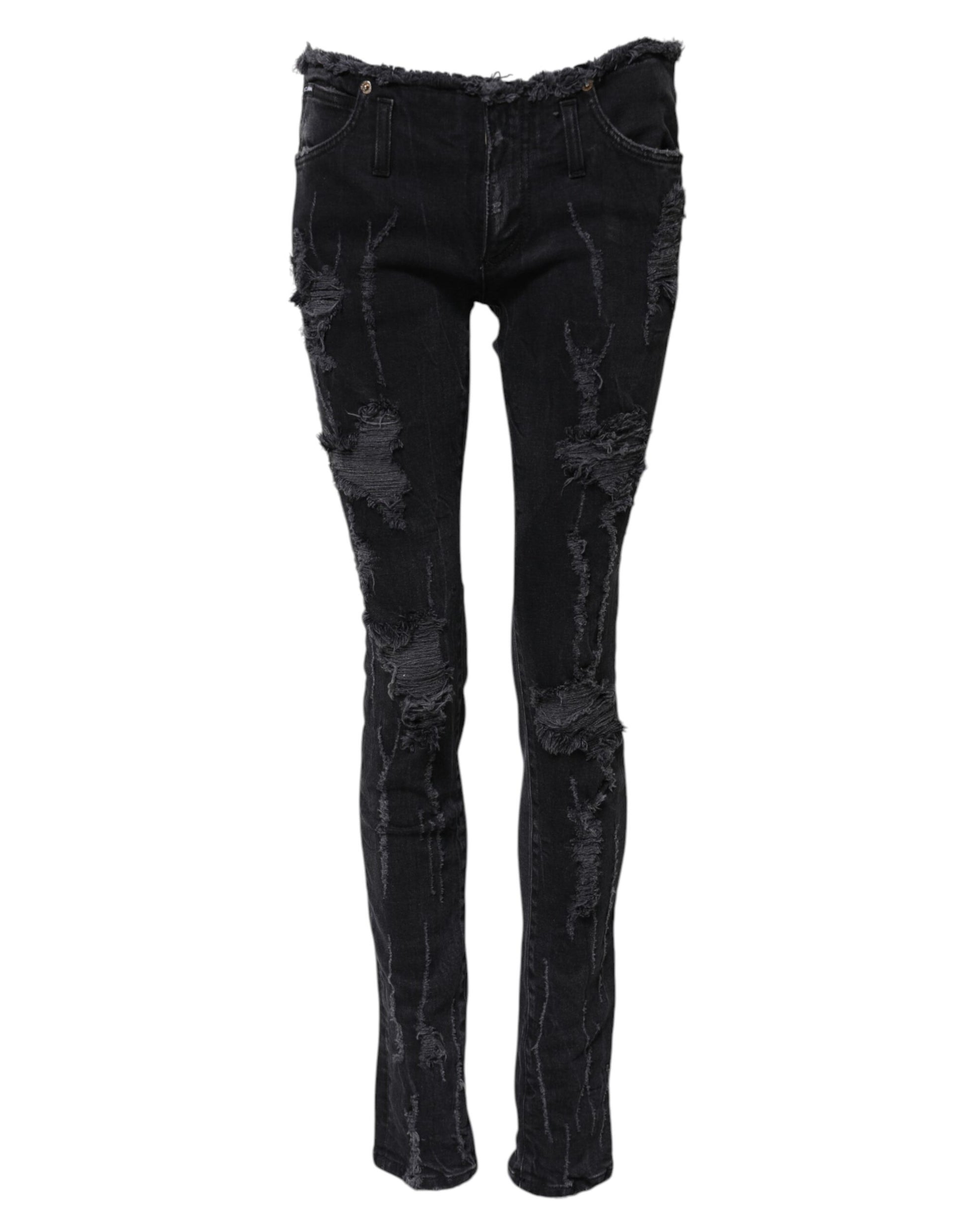 Jean skinny en denim de coton noir effiloché Dolce & Gabbana
