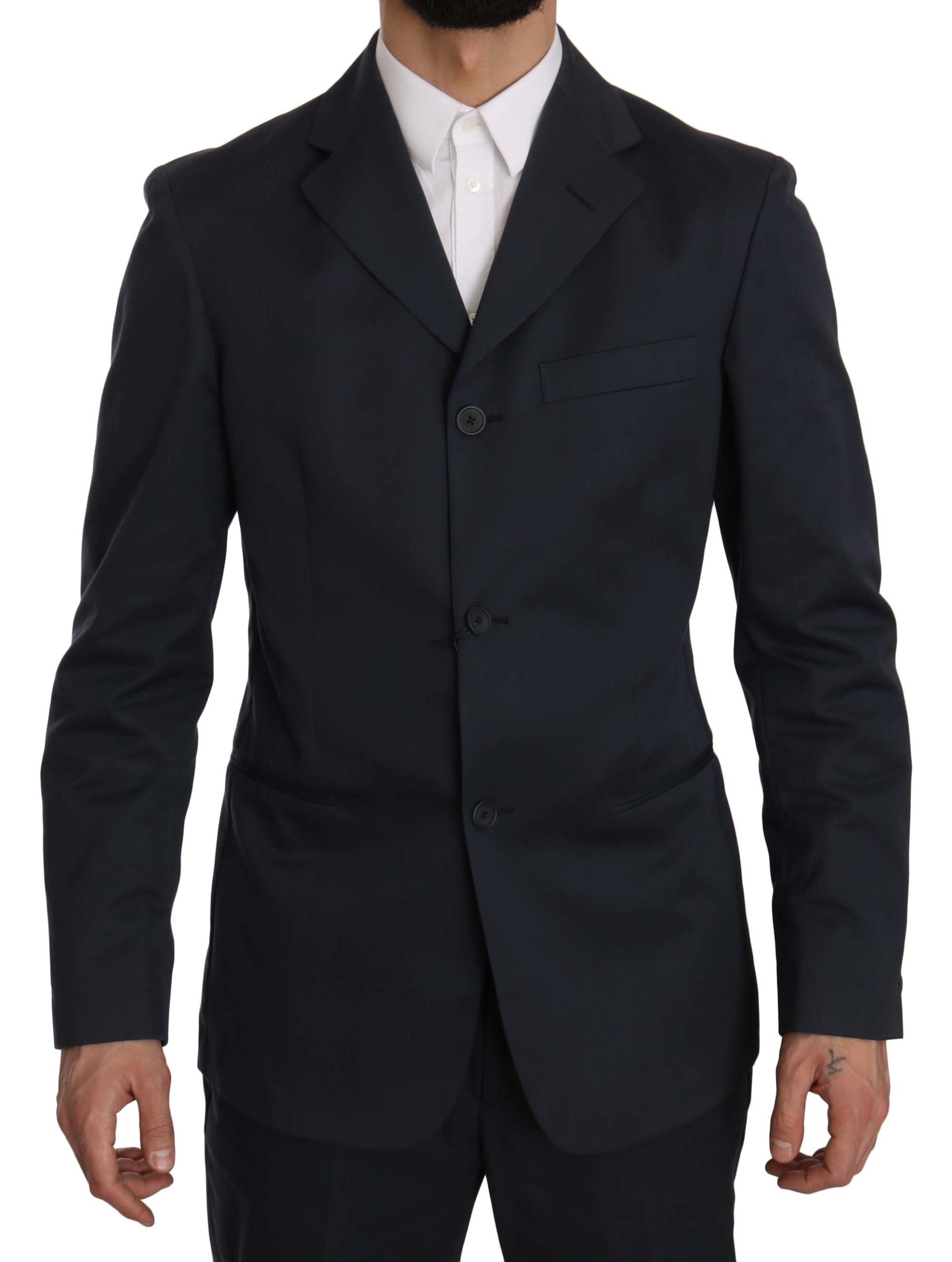 Costume deux pièces en coton bleu uni à trois boutons Romeo Gigli