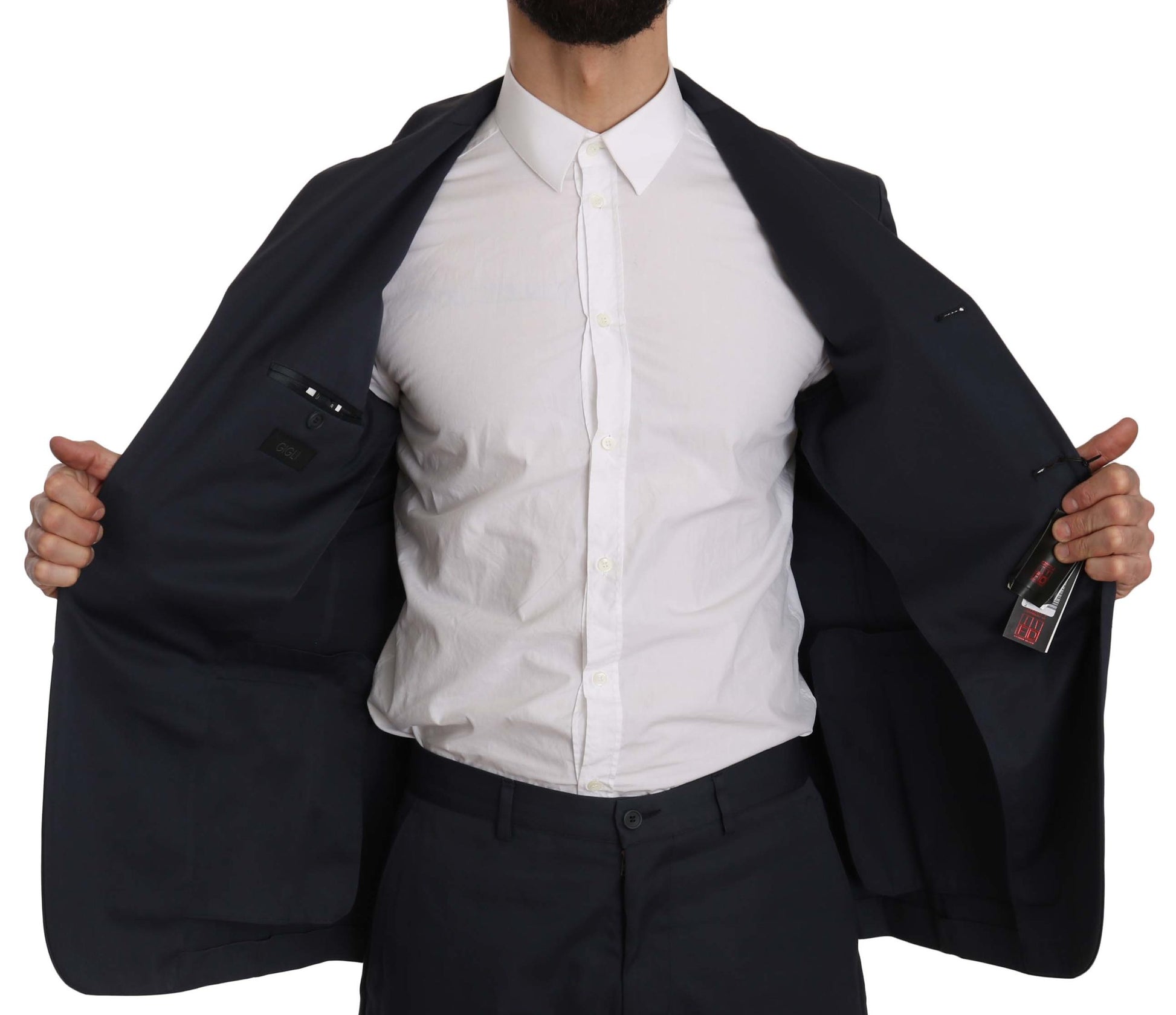 Costume deux pièces en coton bleu uni à trois boutons Romeo Gigli