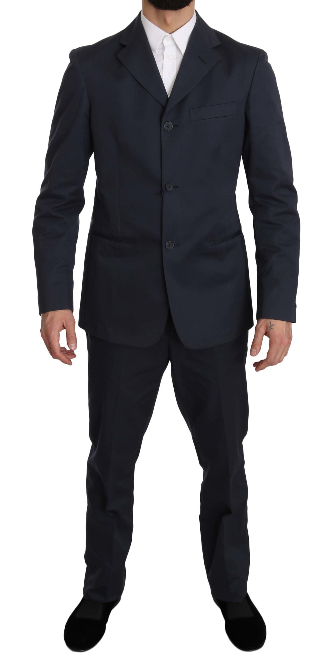 Costume deux pièces en coton bleu uni à trois boutons Romeo Gigli