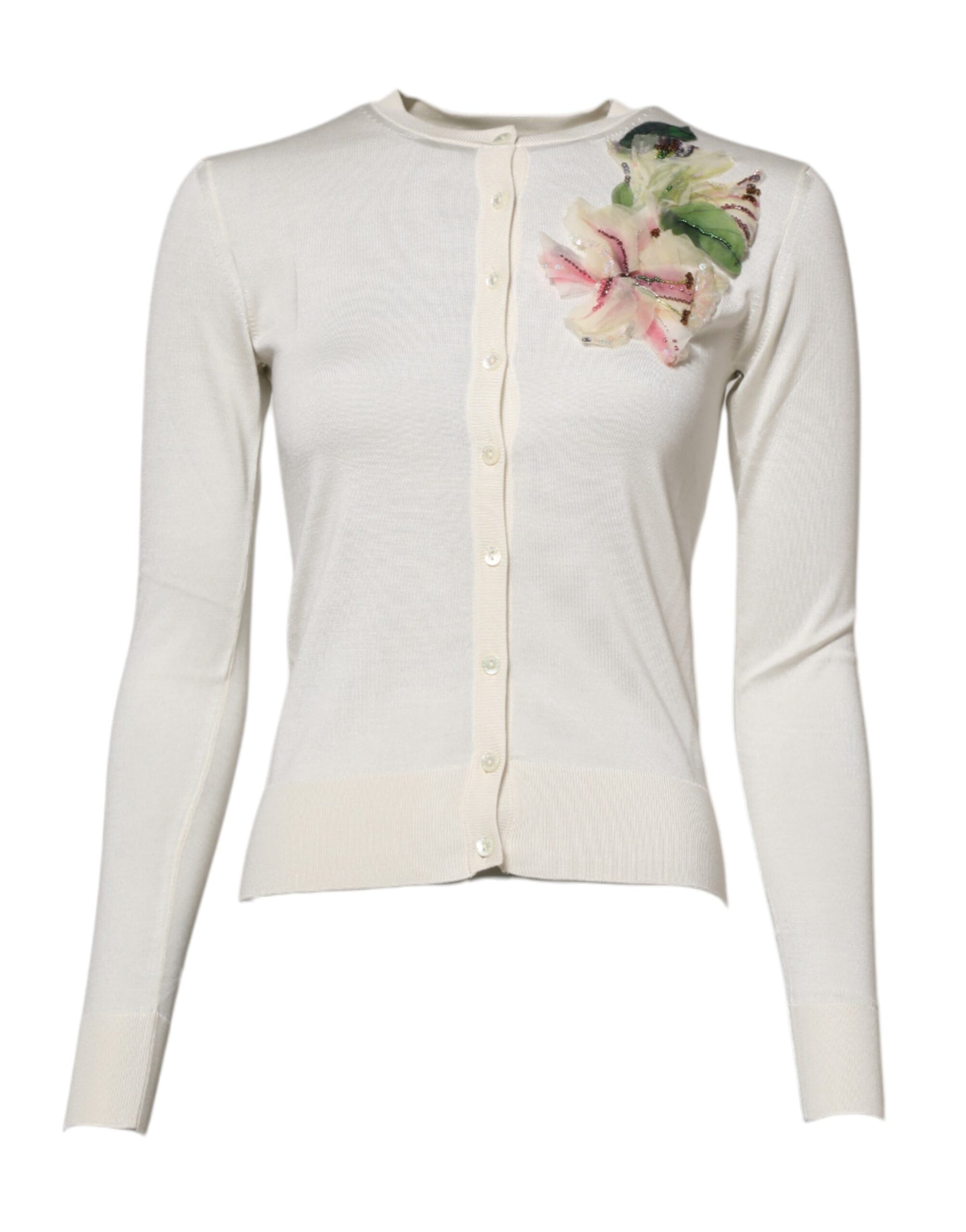 Cardigan pull en soie blanche orné de lys Dolce & Gabbana