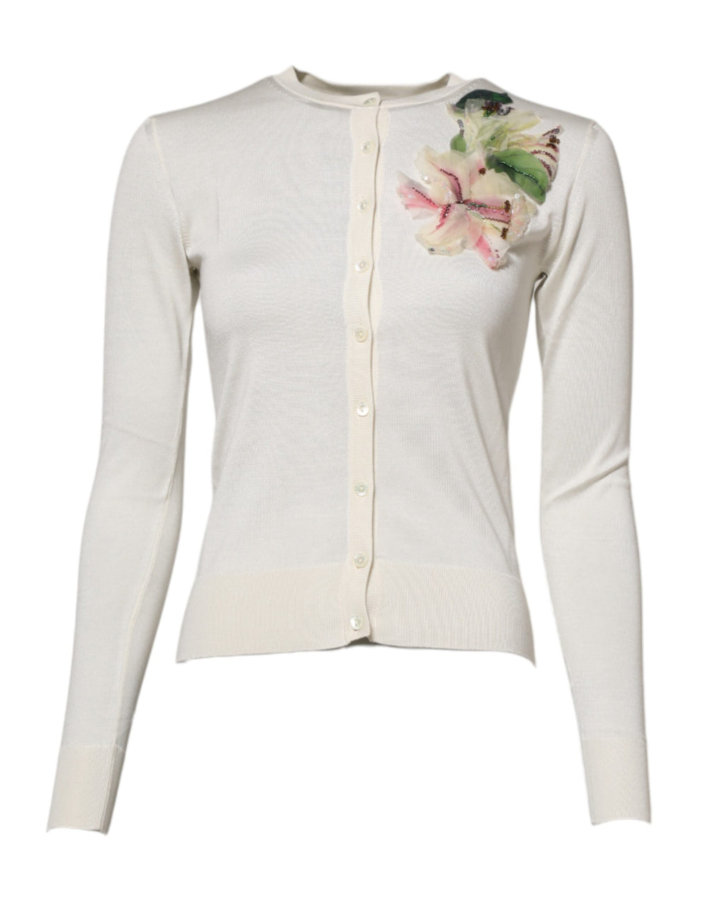 Cardigan pull en soie blanche orné de lys Dolce & Gabbana